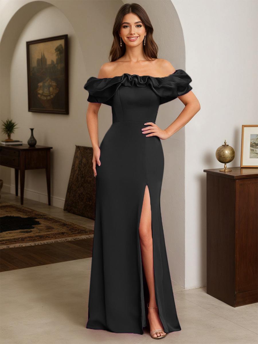 Cicinia Black Prom Dresses Stretch Satin Sheath Ruffle Neckline Off The Shoulder Floor Length