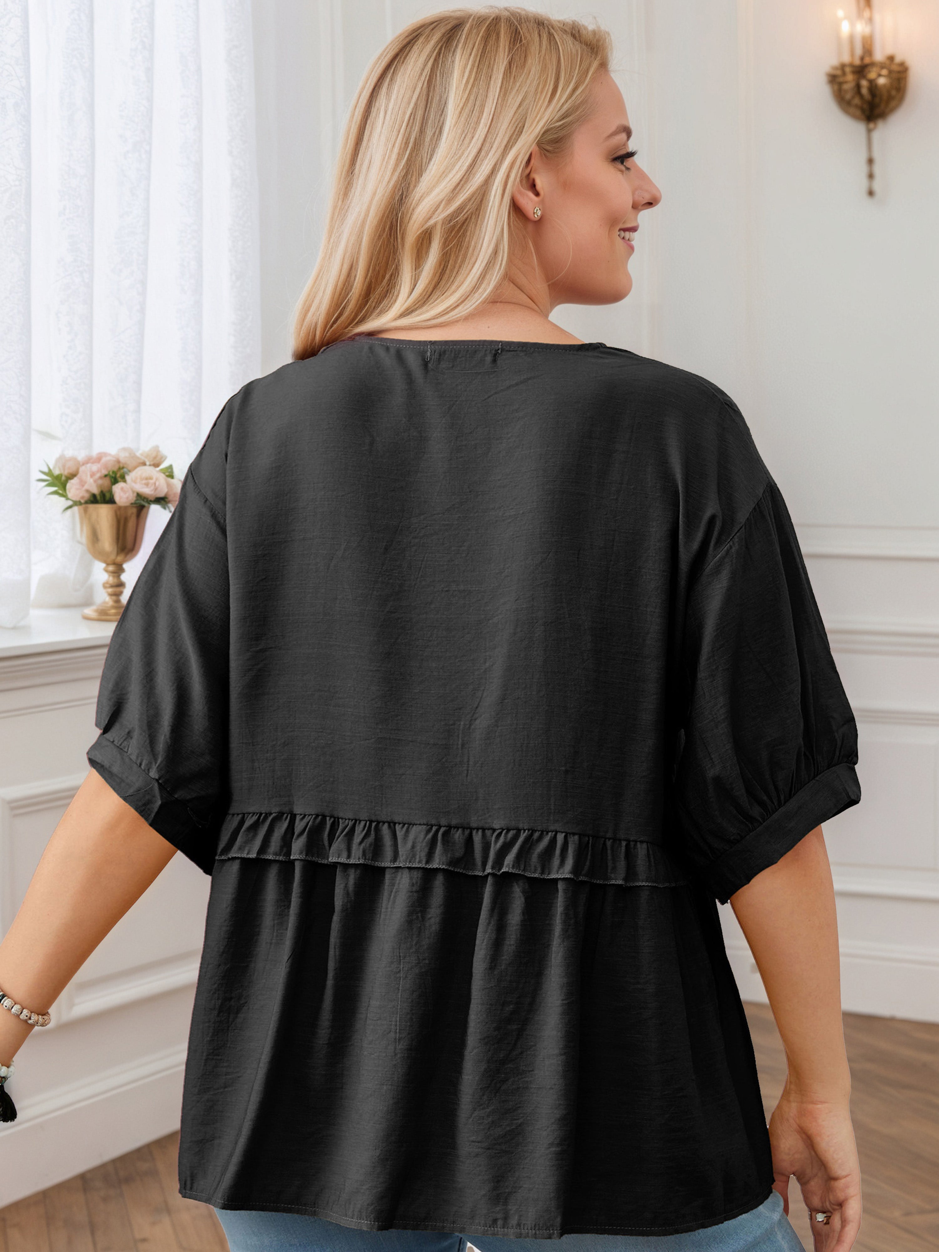 Plus V-Neck Front Bottom Black Blouse