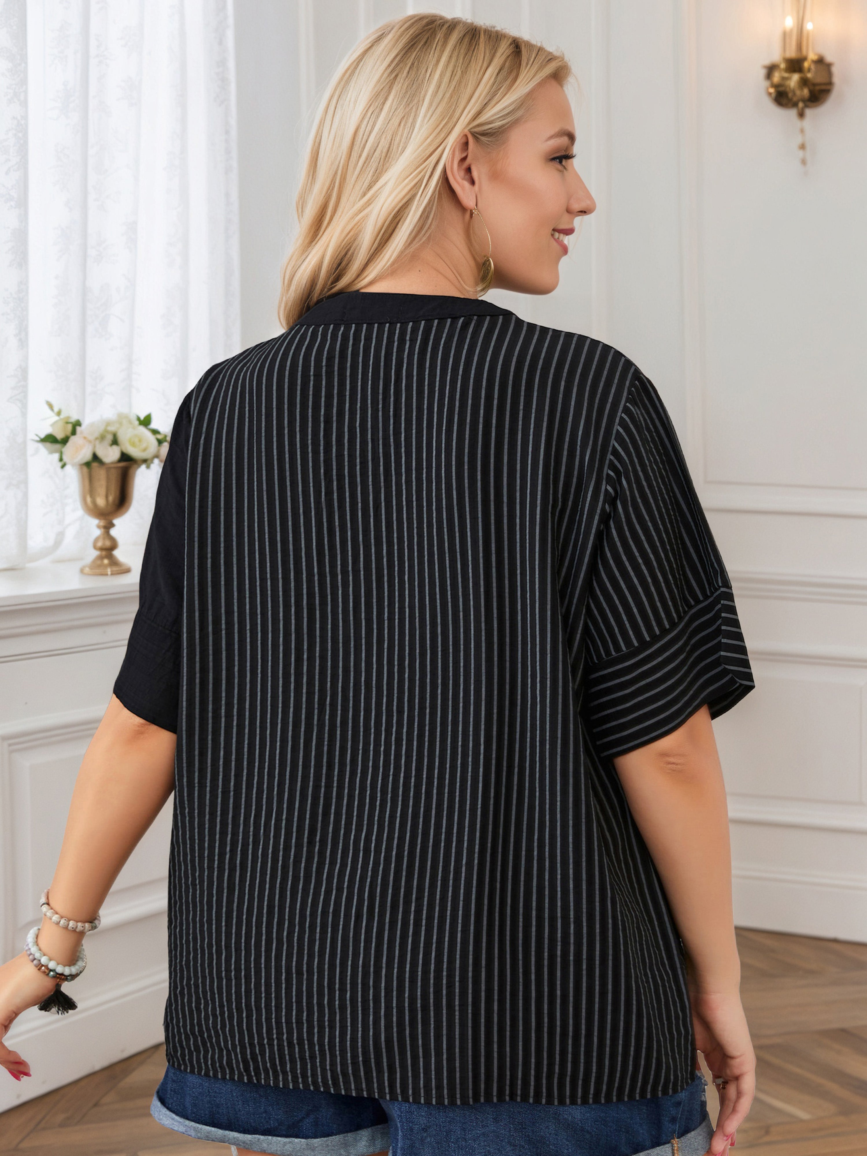 Striped Print Front Bottom Black Blouse