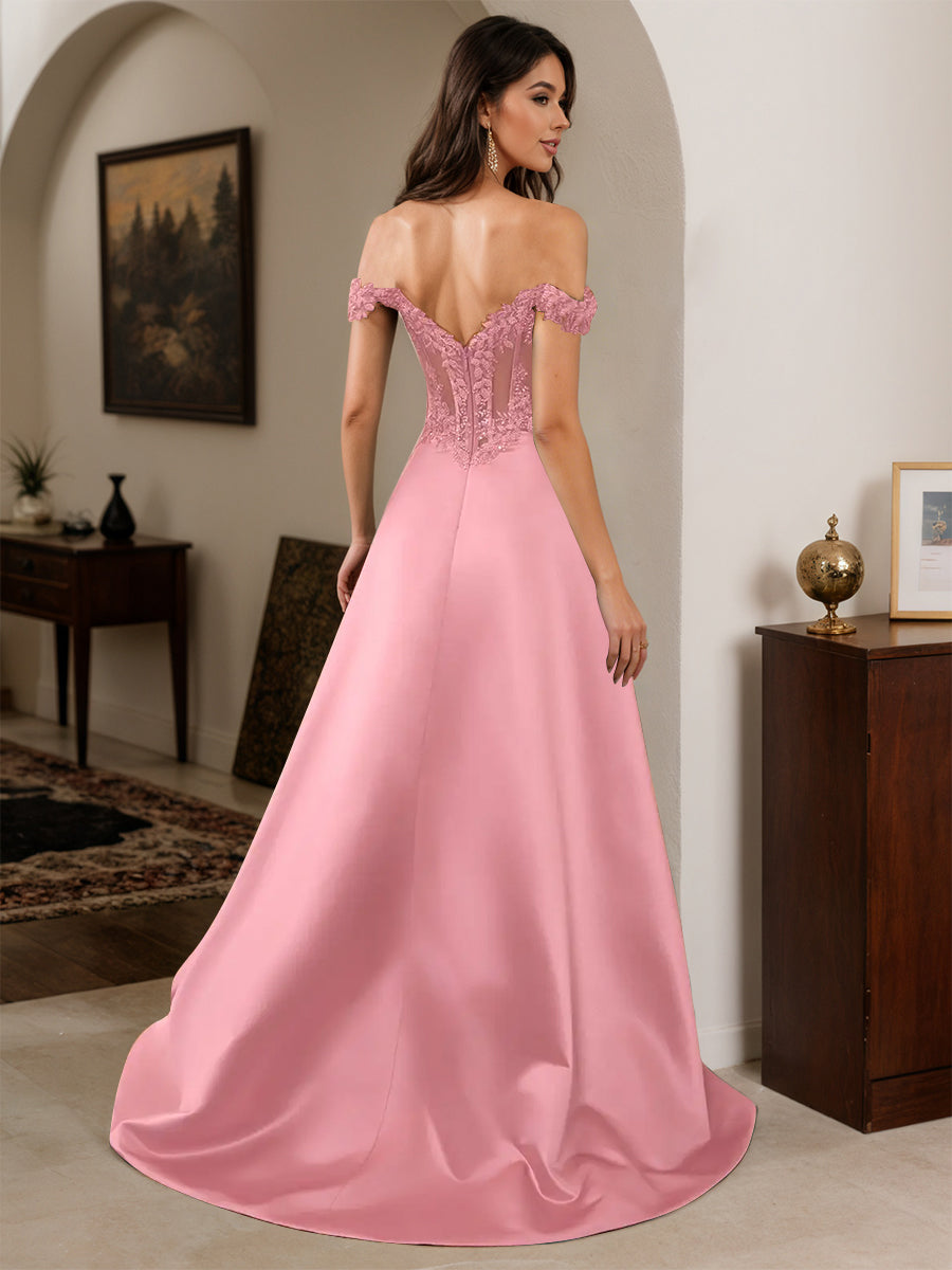Cicinia Flamingo Prom Dresses Appliques Lace Off The Shoulder A-Line Evening Gown