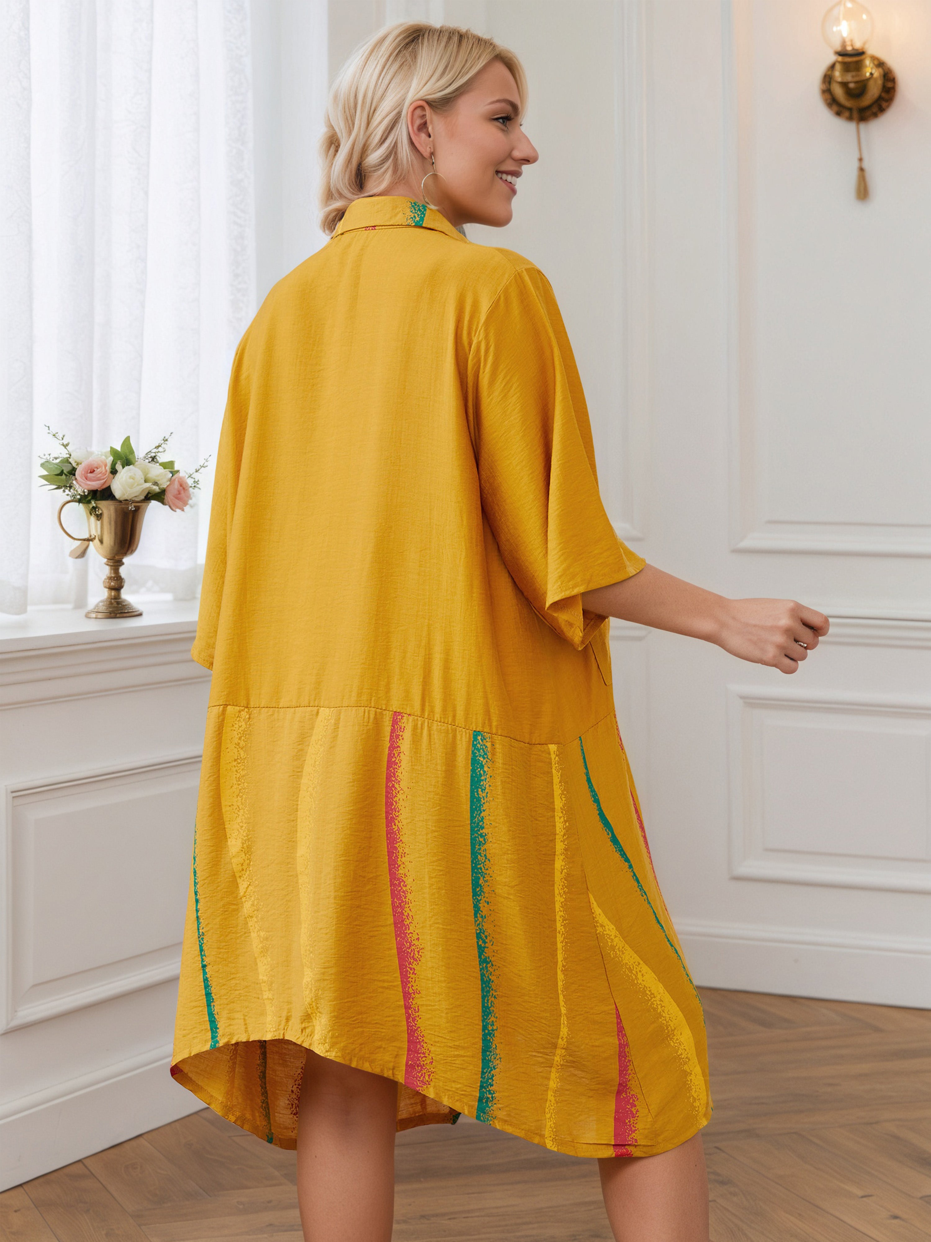 Striped Print Loose Asymmetrical Hem Yellow Contrast Plus Size Dress