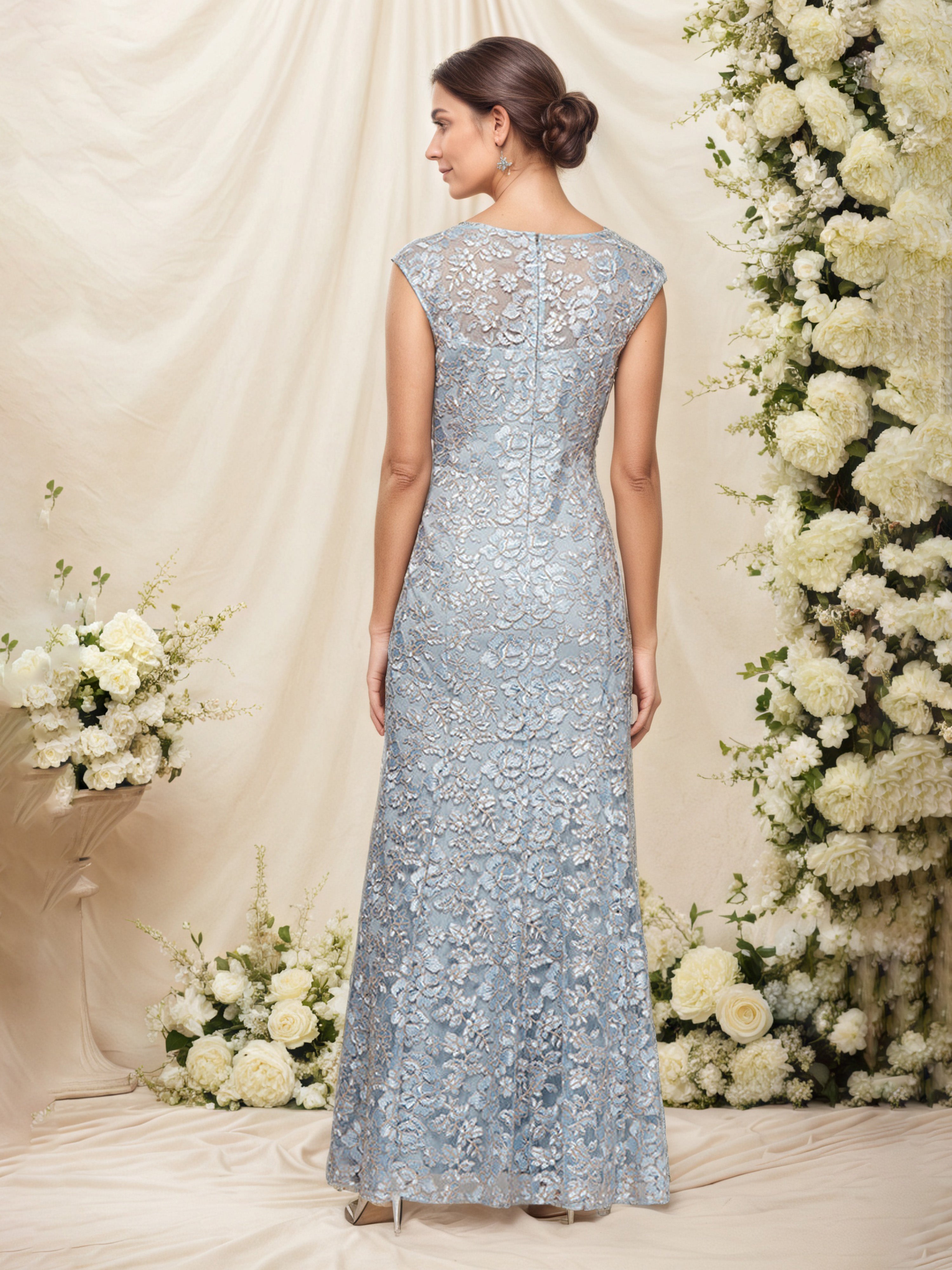 Blue Round Neck Long Cap Sleeve Embroidered Fit and Flare Mother Of The Bride Dress With Shawl