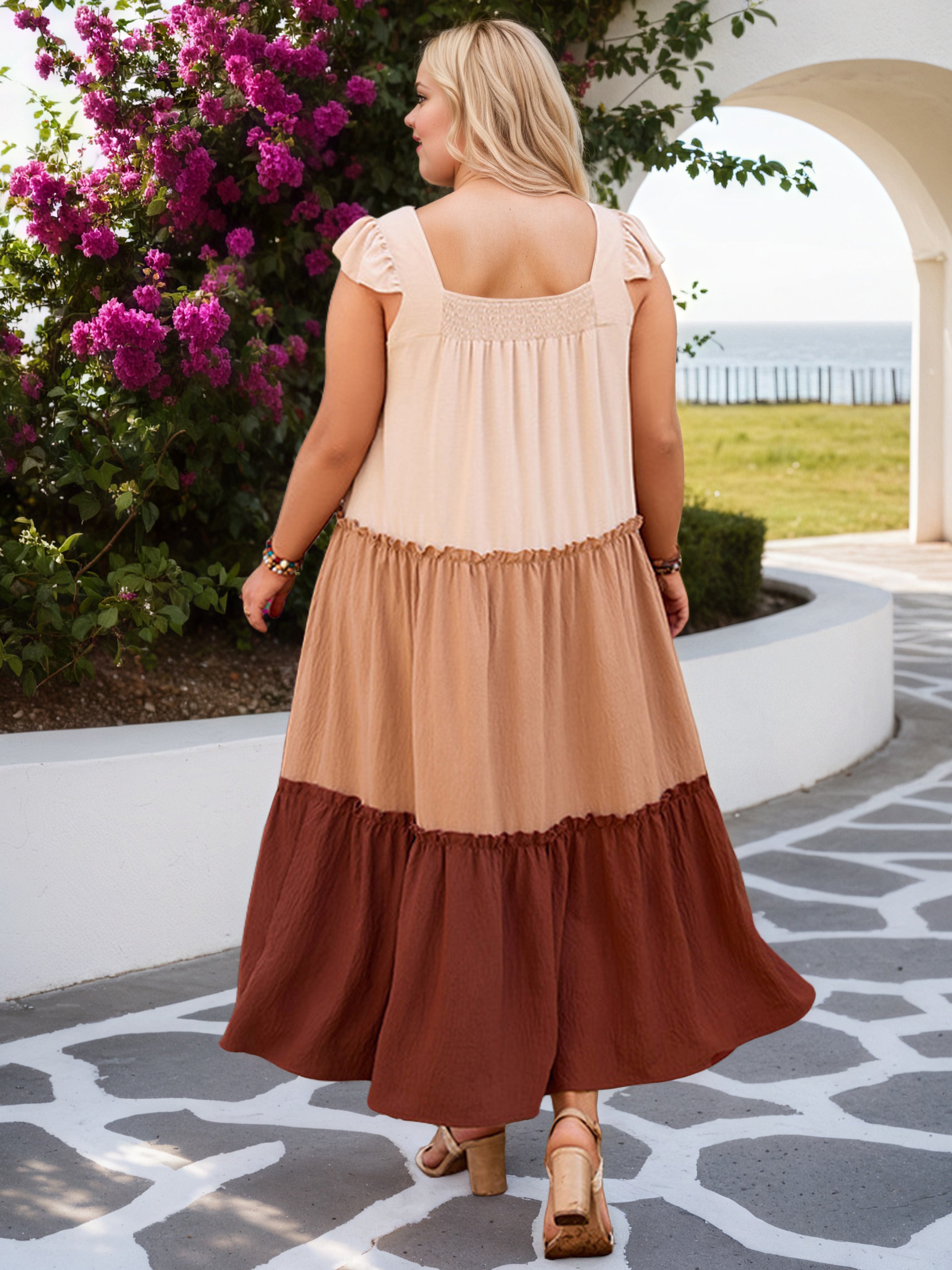 A-Line Contrast Cap Sleeves Plus Size Dress