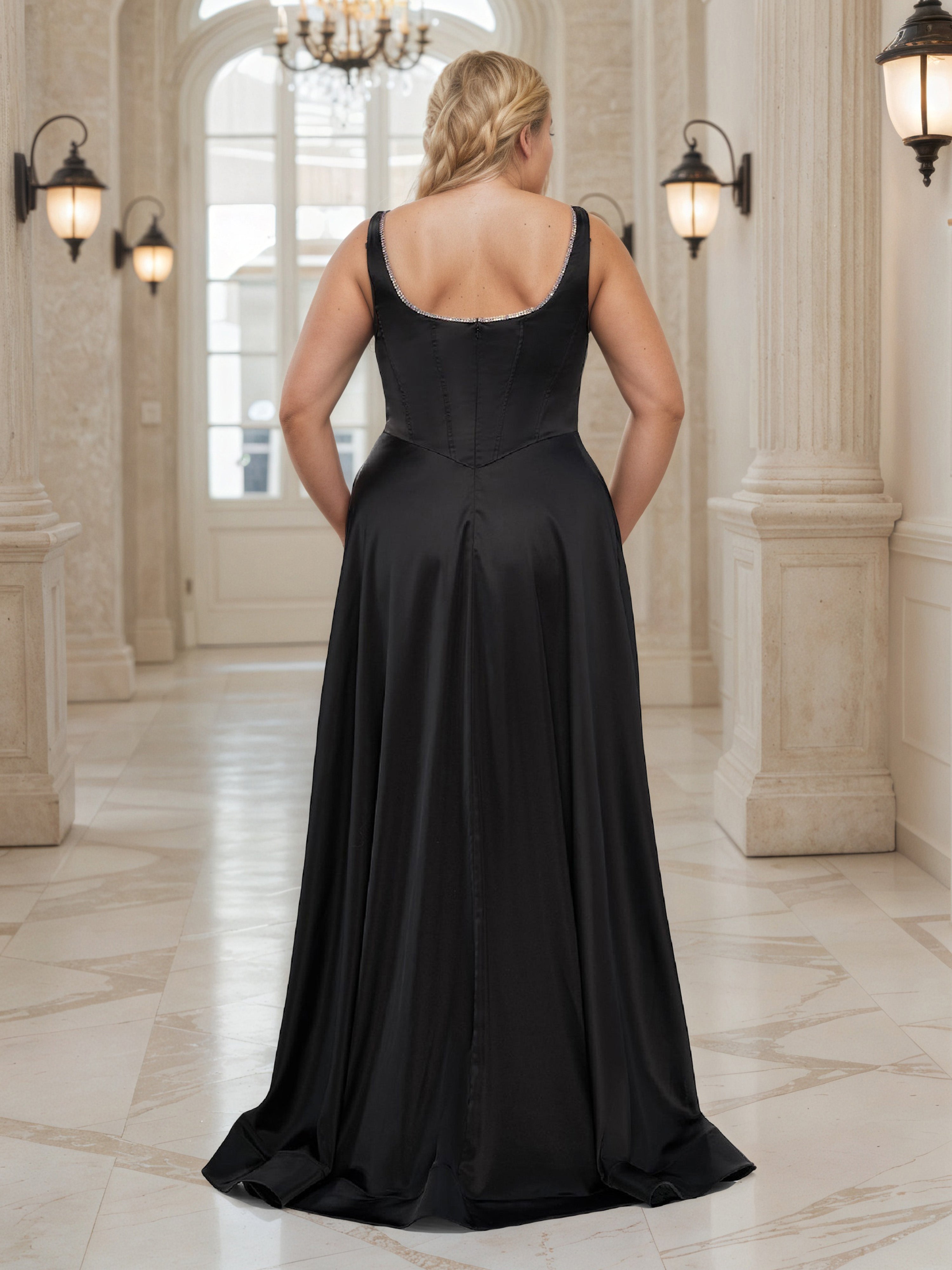 Scoop Black Prom Dress Sweep/Brush Train A-Line Plus Size Dress