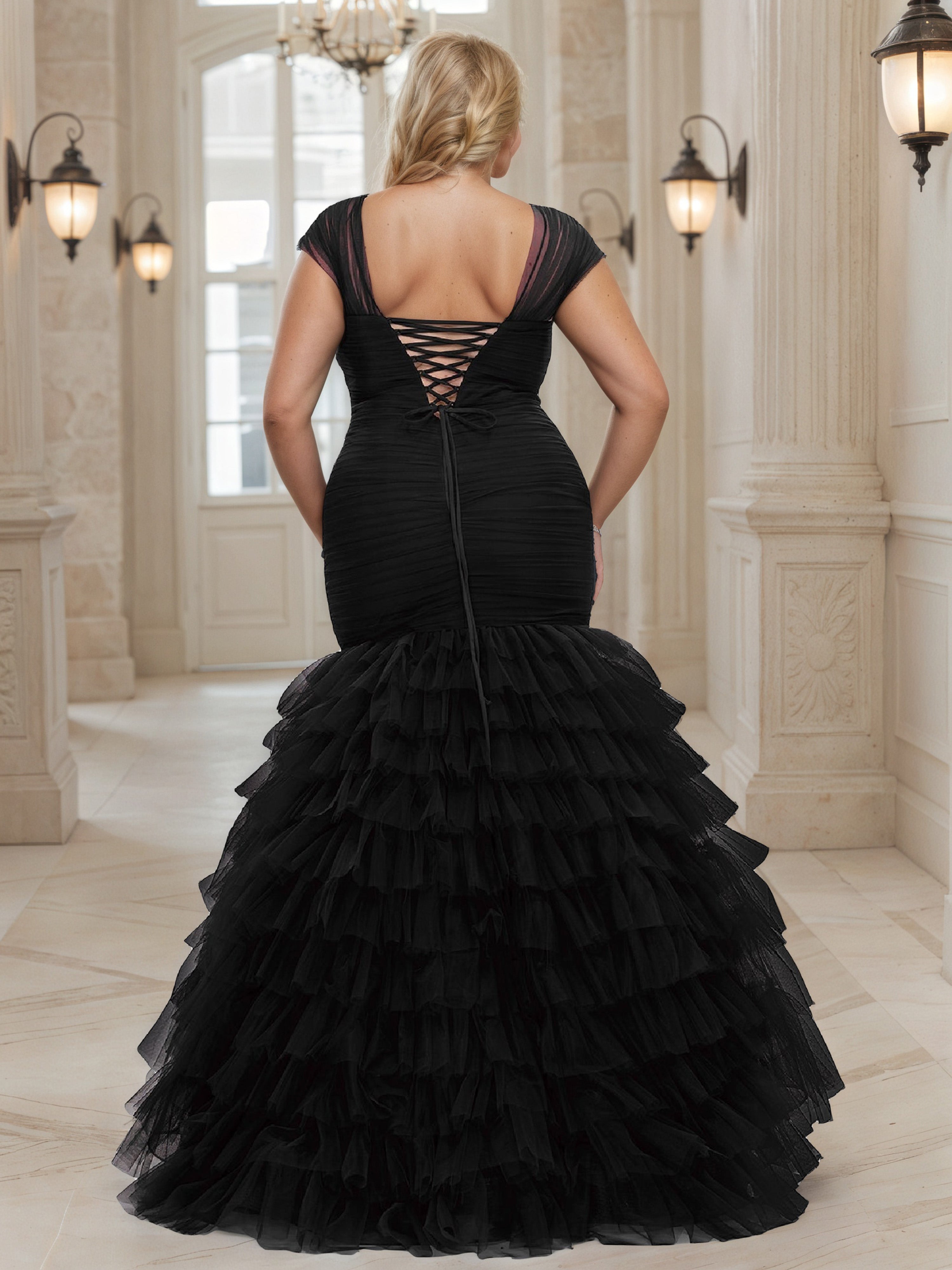 Cap Sleeves V-Neck Prom Dress Sheath Black Layers Plus Size Dress