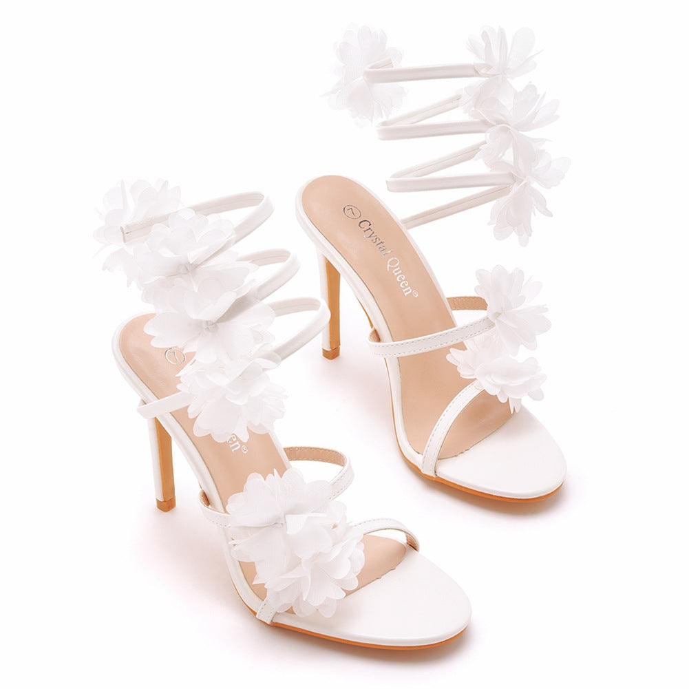 White Appliques Ankle Strap Open Toe Ultra High Heels