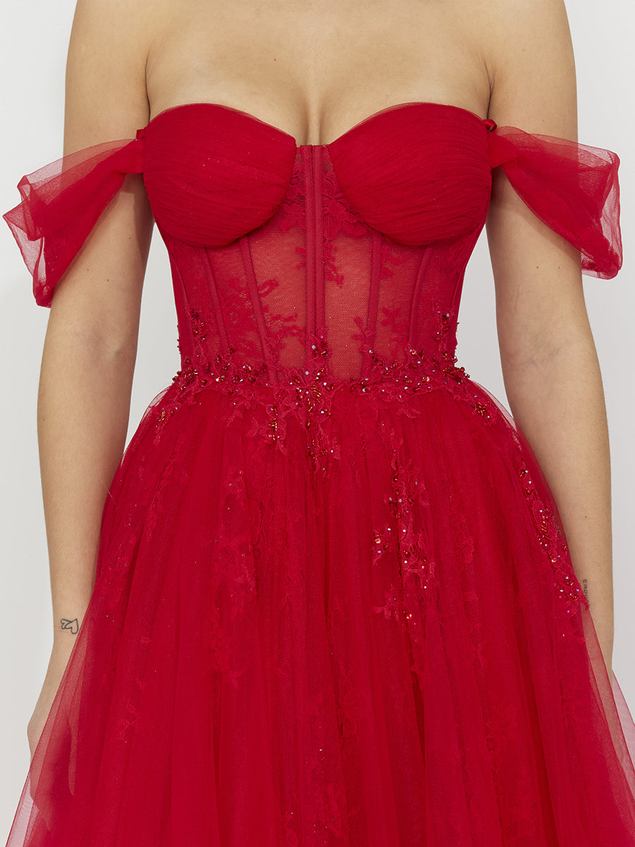 Cicinia Red Prom Dresses Tulle A-Line Off The Shoulder Floor Length Evening Gown