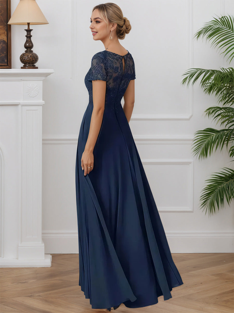 Cicinia Dark Navy Mother Of The Bride Dresses Chiffon Lace Short Sleeves Jewel Long A-Line