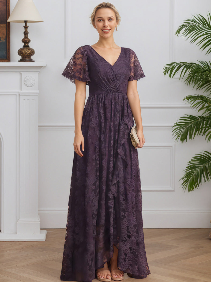 Cicinia Plum Mother Of The Bride Dresses Lace Floor Length V-Neck A-Line Short Sleeves