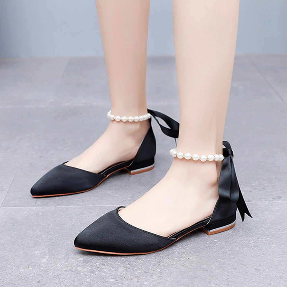 Elegant Pearl Ribbon Tie Satin Flat Heel Pointed Toe Bridal Shoes