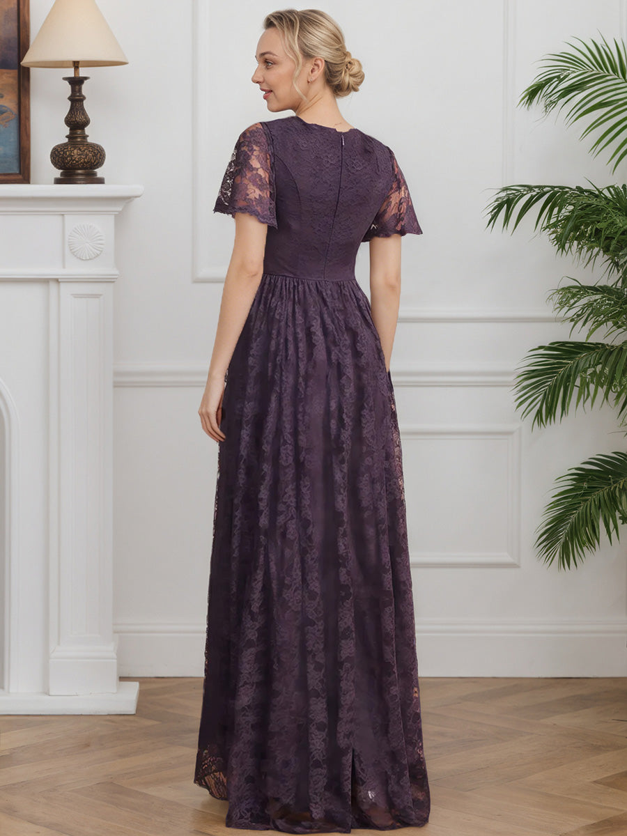 Cicinia Plum Mother Of The Bride Dresses Lace Floor Length V-Neck A-Line Short Sleeves