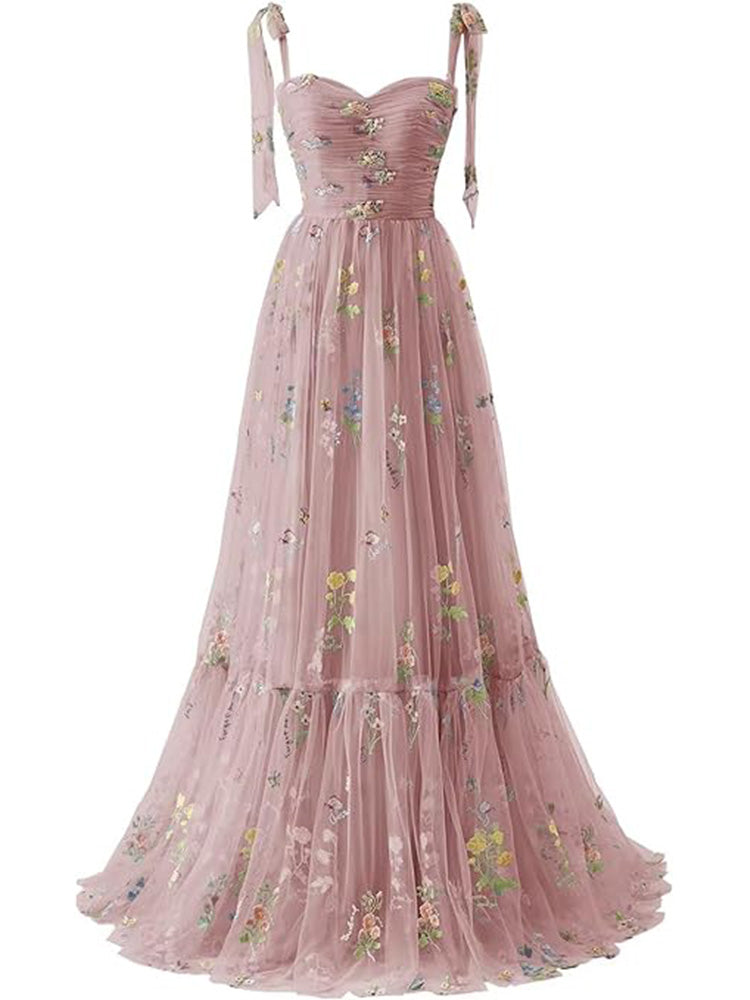 A-Line/Elegant Straps Sleeveless Tulle Applique Prom Dresses