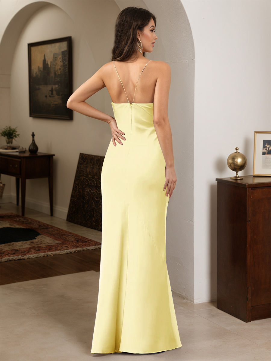 Cicinia Daffodil Prom Dresses Soft Satin Chic Sheath Slit Spaghetti Straps Floor Length Evening Prom
