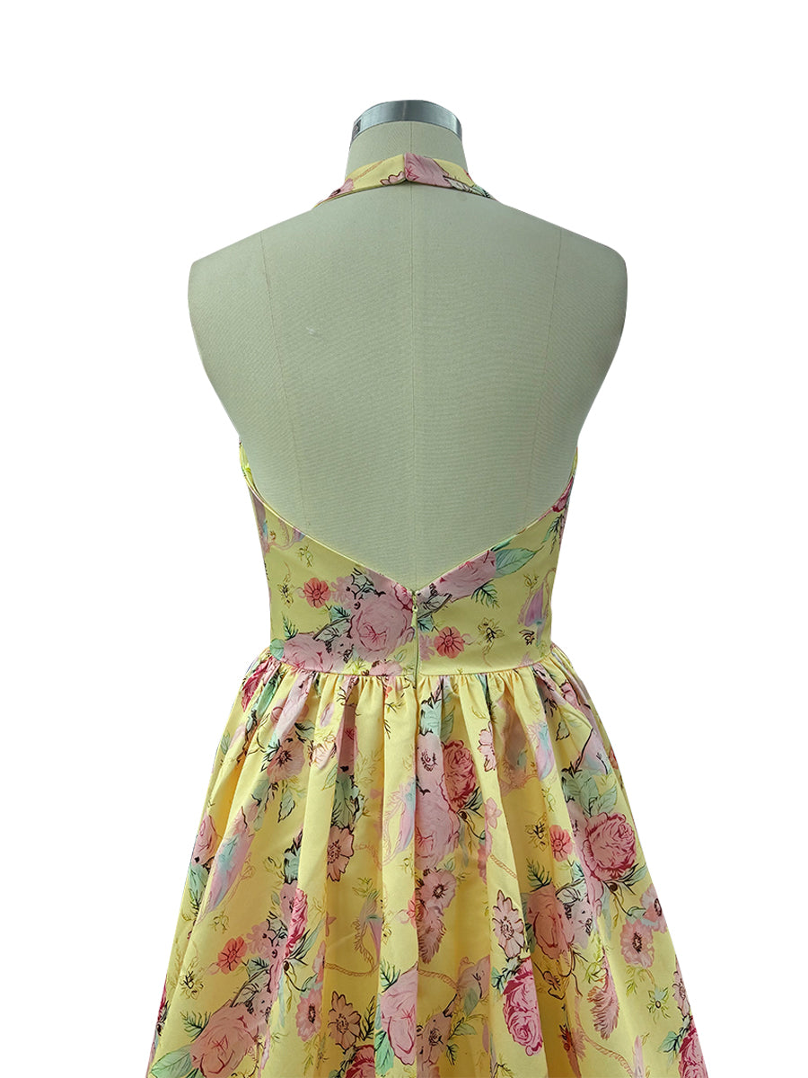 Cicinia Yellow Prom Dress Floral Printed Halter Deep V Backless A-Line with Slit Evening Gowns