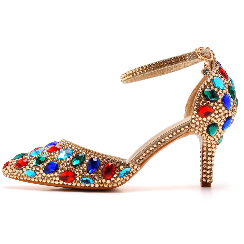 Pointed Toe Colorful Rhinestone Decor Ankle-Strap High Heels