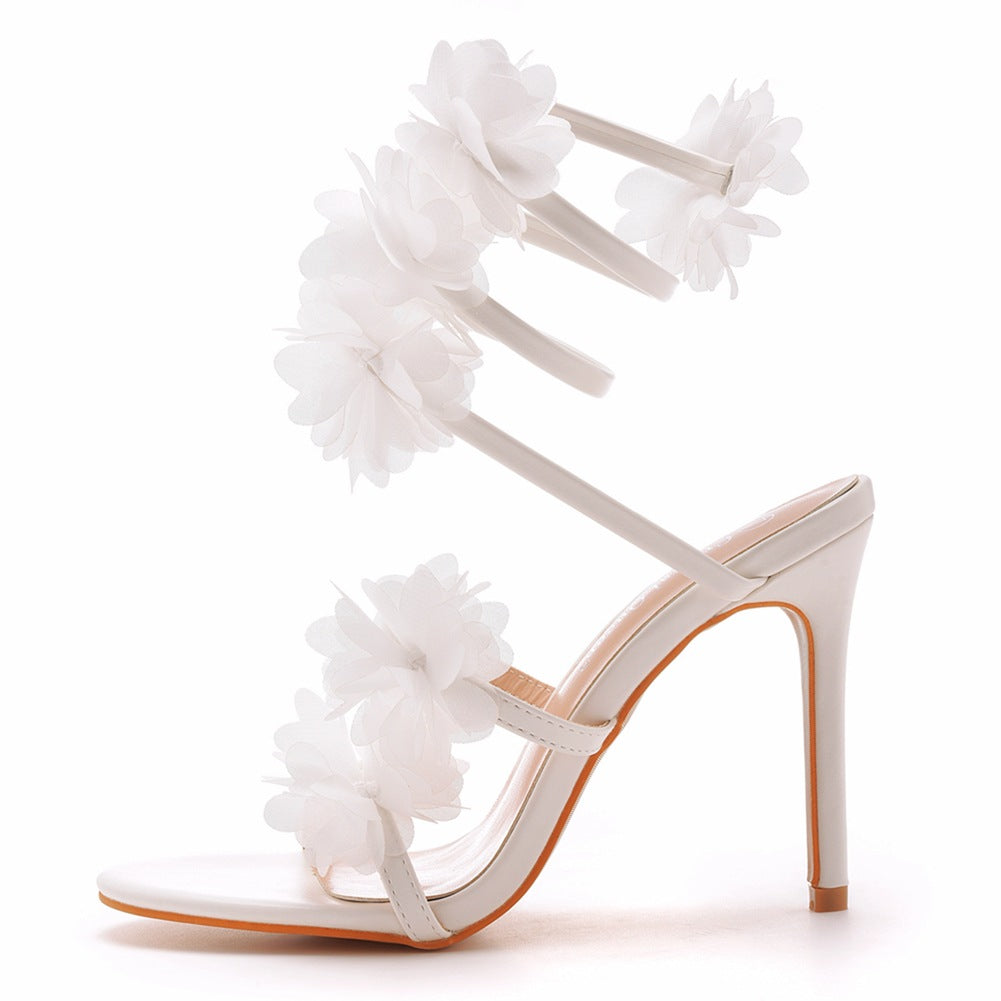 White Appliques Ankle Strap Open Toe Ultra High Heels