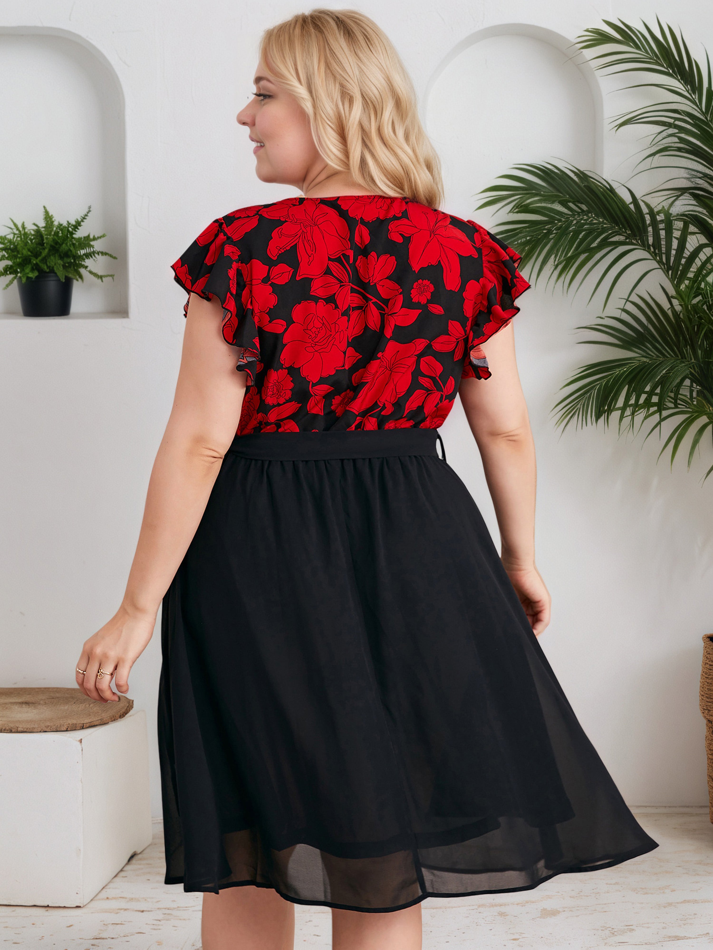 Contrast Plain Patchwork Ruffle Red Cap Sleeves Plus Size Dress