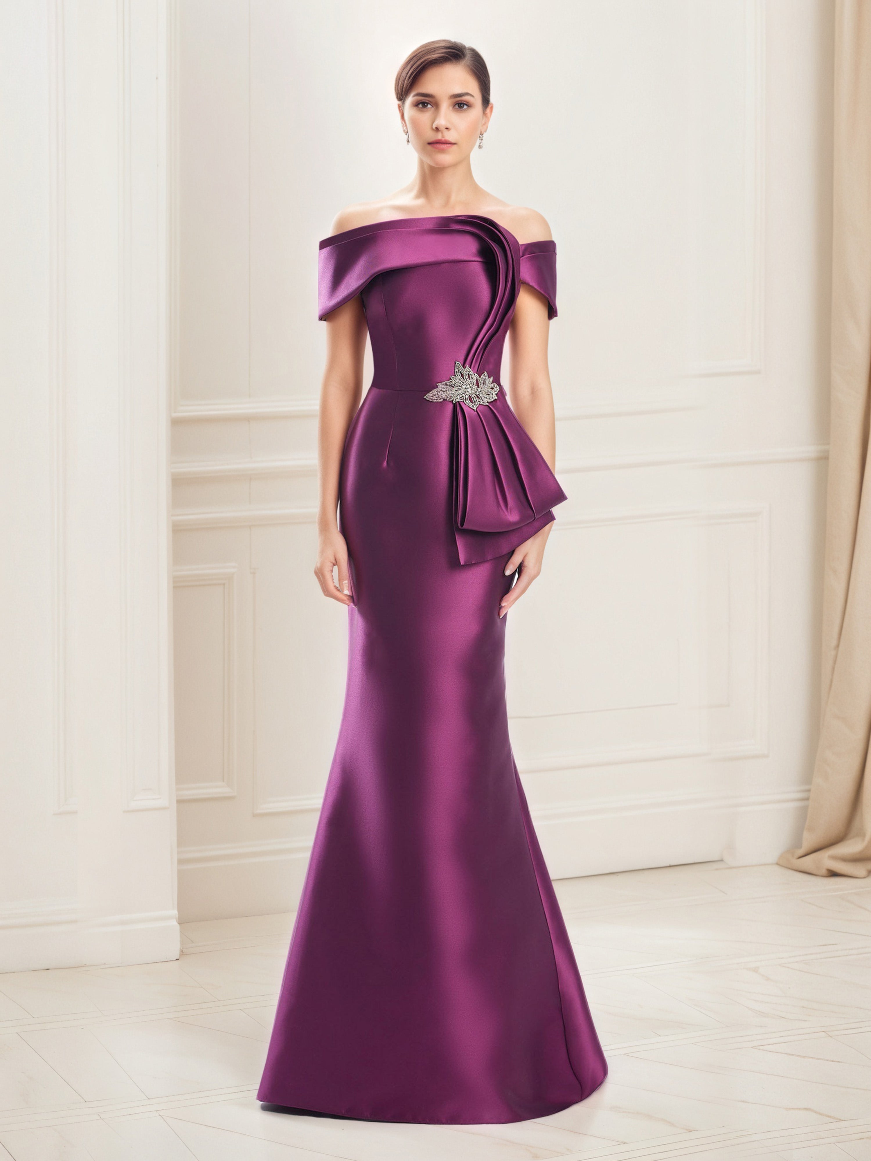 Grape Satin Beading Off The Shoulder Prom Dress With Train Grape Satin Beading Off The Shoulder Prom Dress With Train