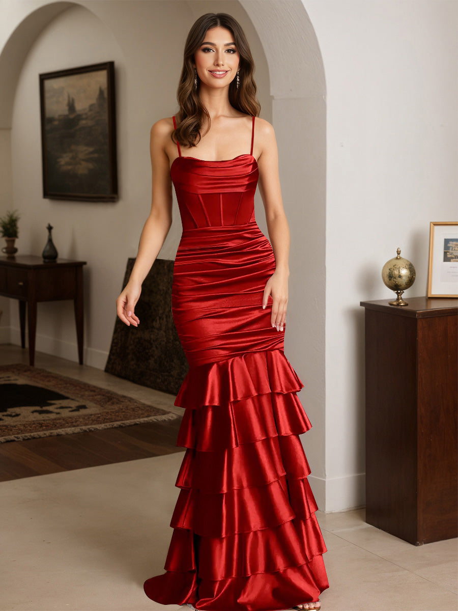 Cicinia Red Prom Dresses Stretch Satin Trumpet/Mermaid Layers Spaghetti Straps Gowns