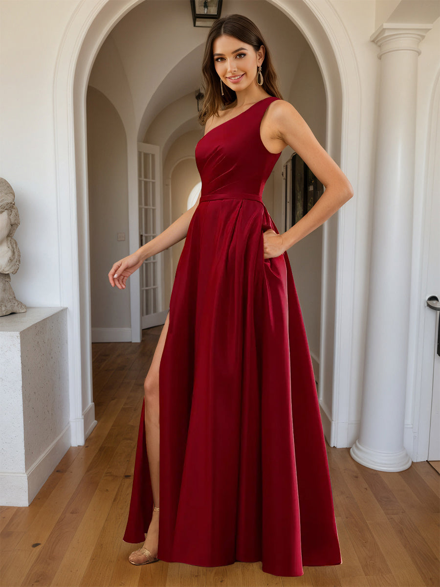 Cicinia Burgundy Prom Dresses Satin A-Line One Shoulder with Slit Floor Length Gowns