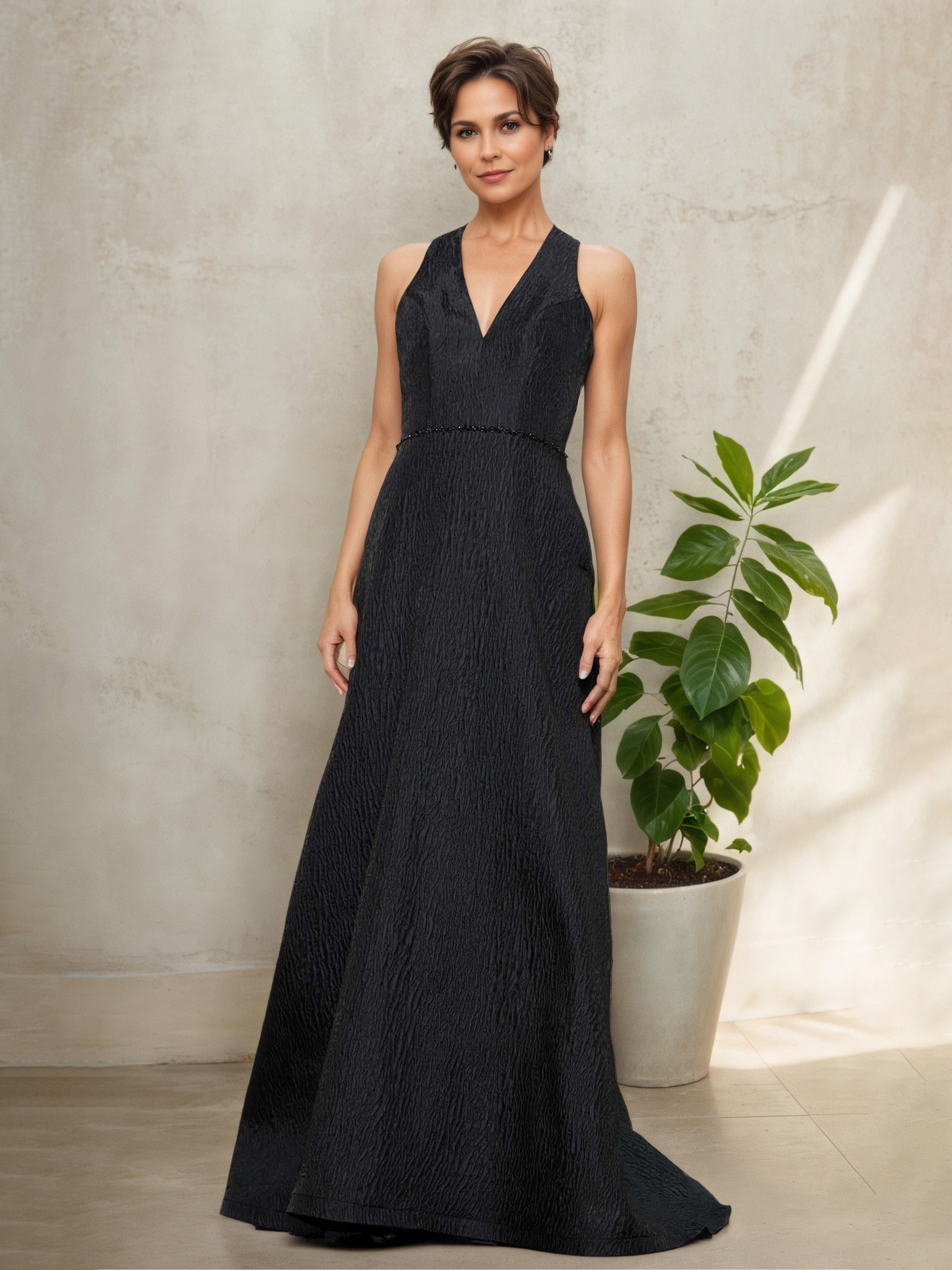 Sleeves V-Neck Black with Shawl Mother Of The Bride Dress