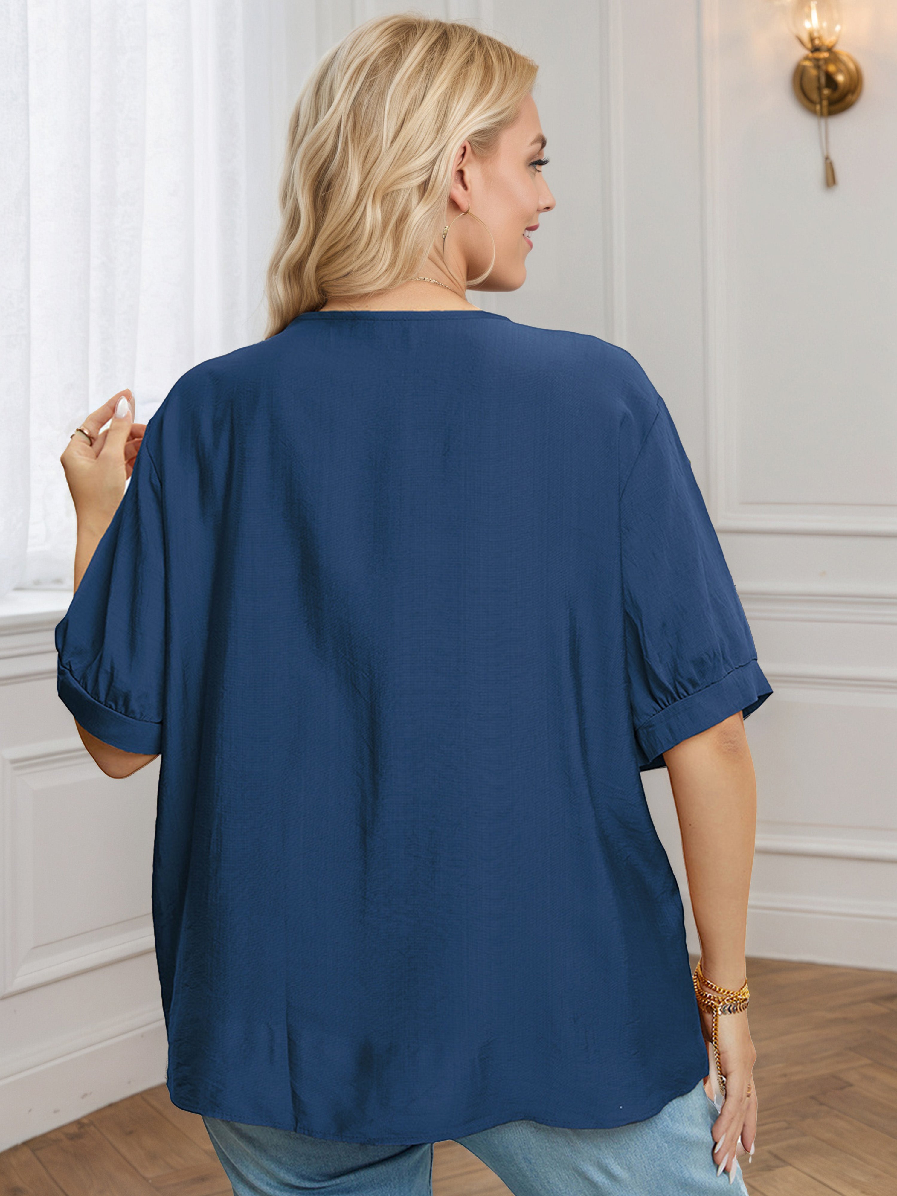 Front Bottom Half Sleeves Ink Blue Embroidery Blouse