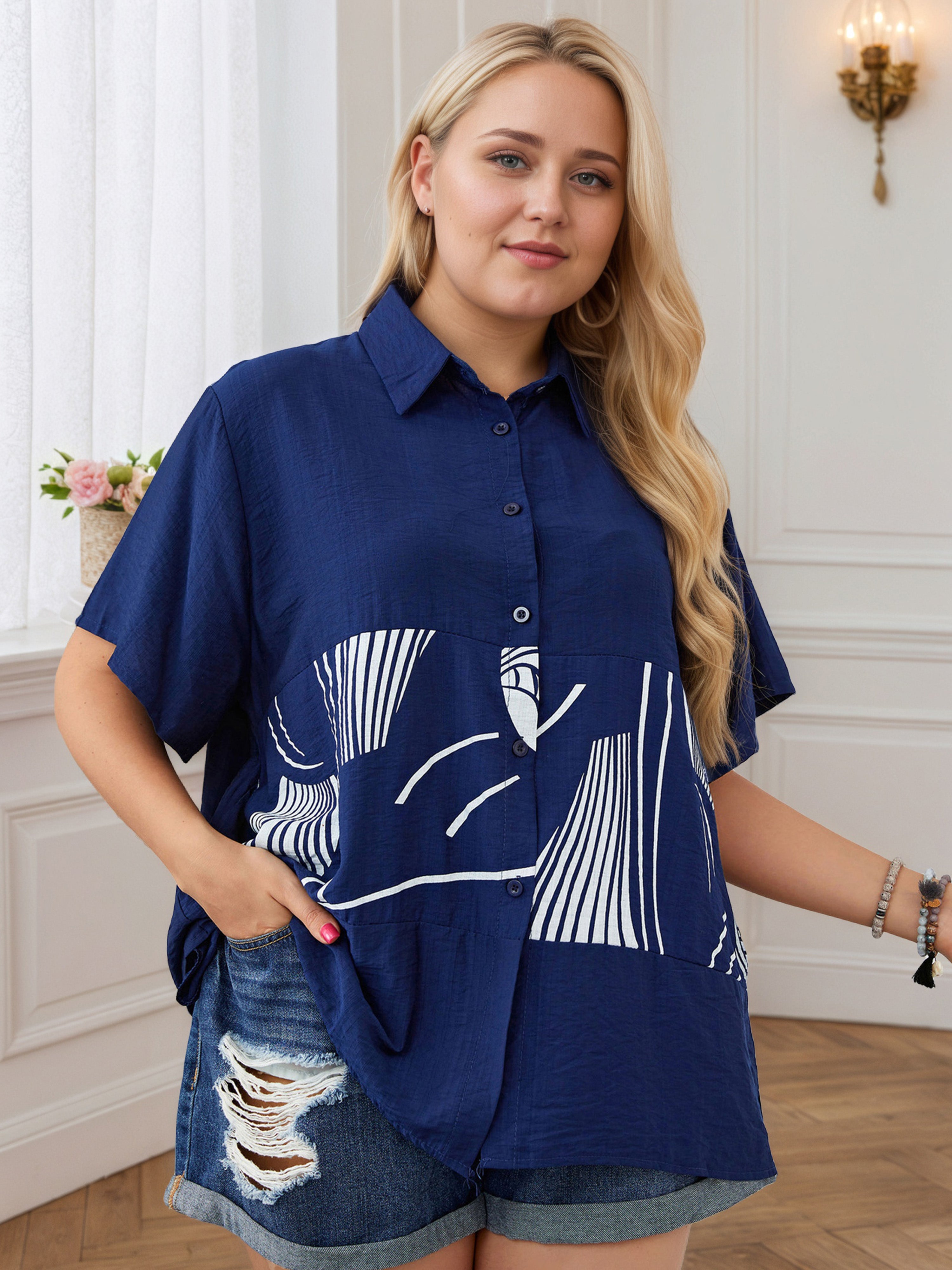 Contrast Navy Blue Loose Button Front Plus Blouse