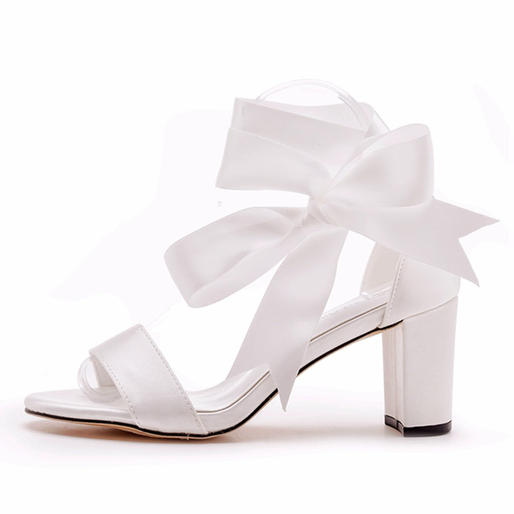 Ivory Satin Tied Open Toe Ankle Strap Chunky Heel Sandals