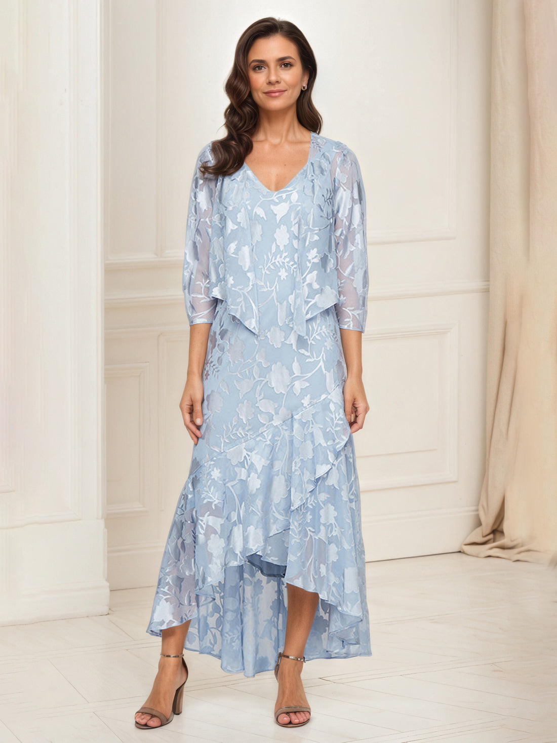 Chiffon Layered Long Sleeve Gown with Cascade Jacket Sky Blue