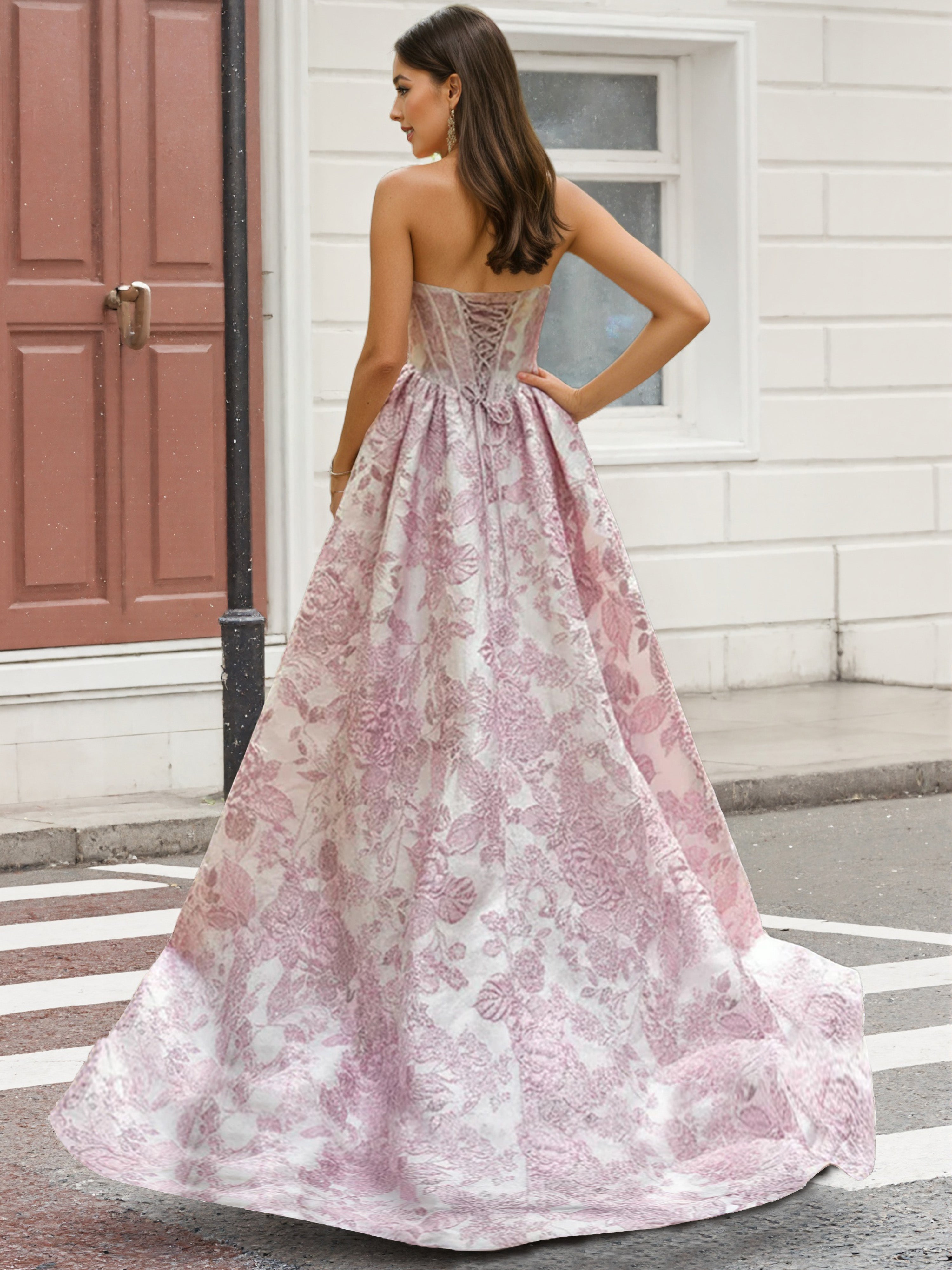 Cicinia Pearl Pink Prom Dresses A-Line Embossed Jacquard Strapless Gorgeous Evening Gowns
