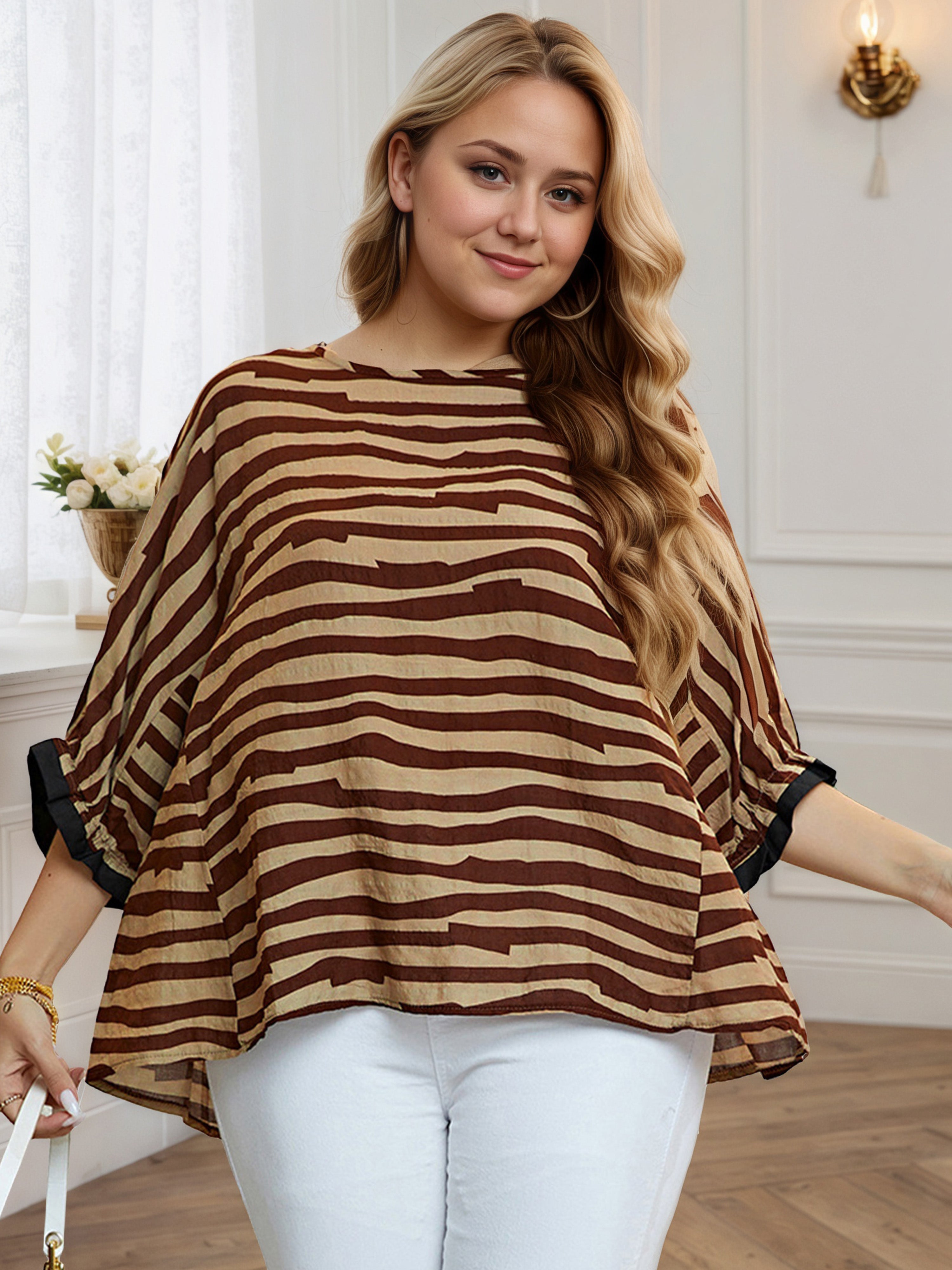 Plus Size Women New Striped Loose Brown Round Neck Blouse