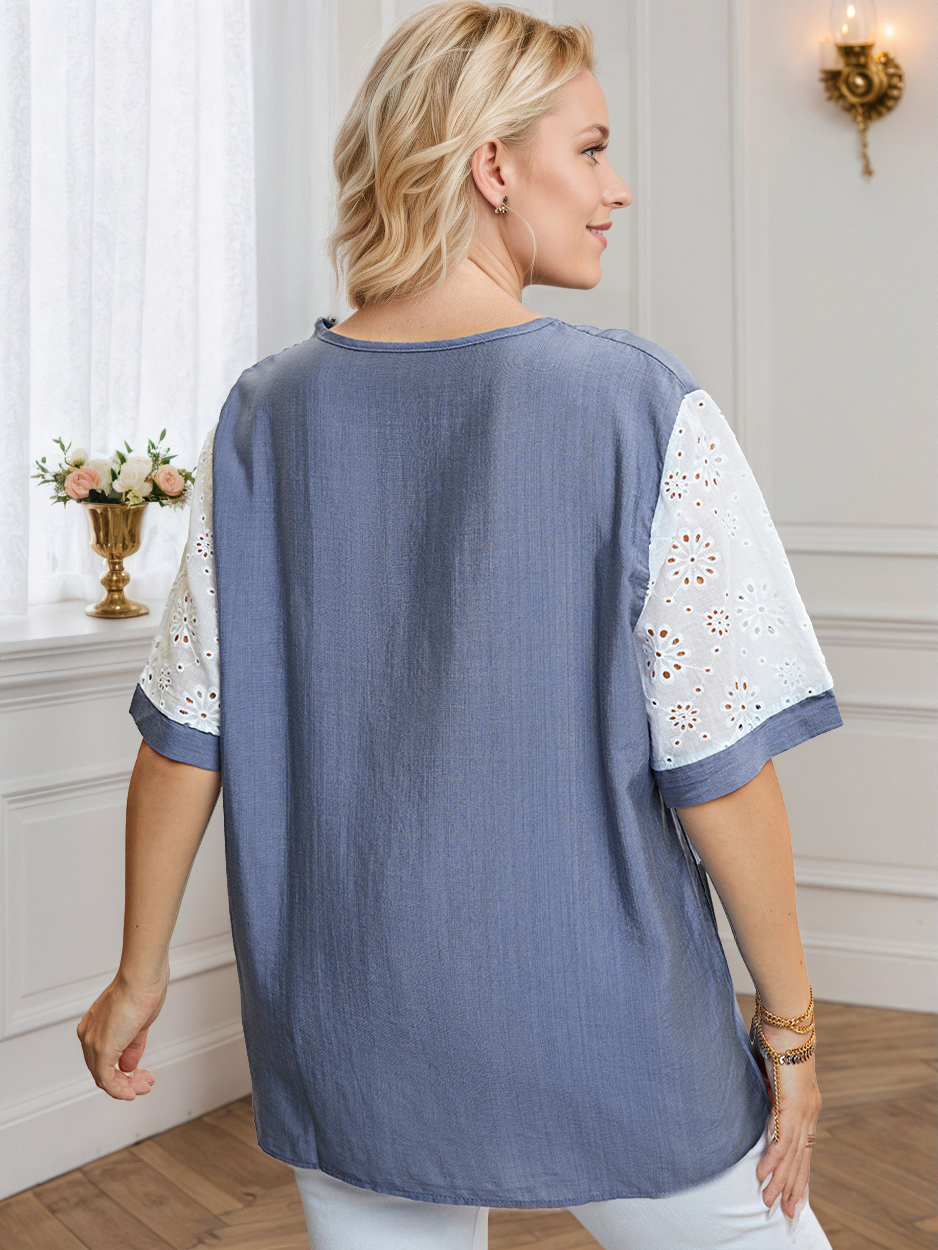 Contrast Mesh Scoop Neck Dusty Blue Half Sleeves Blouse