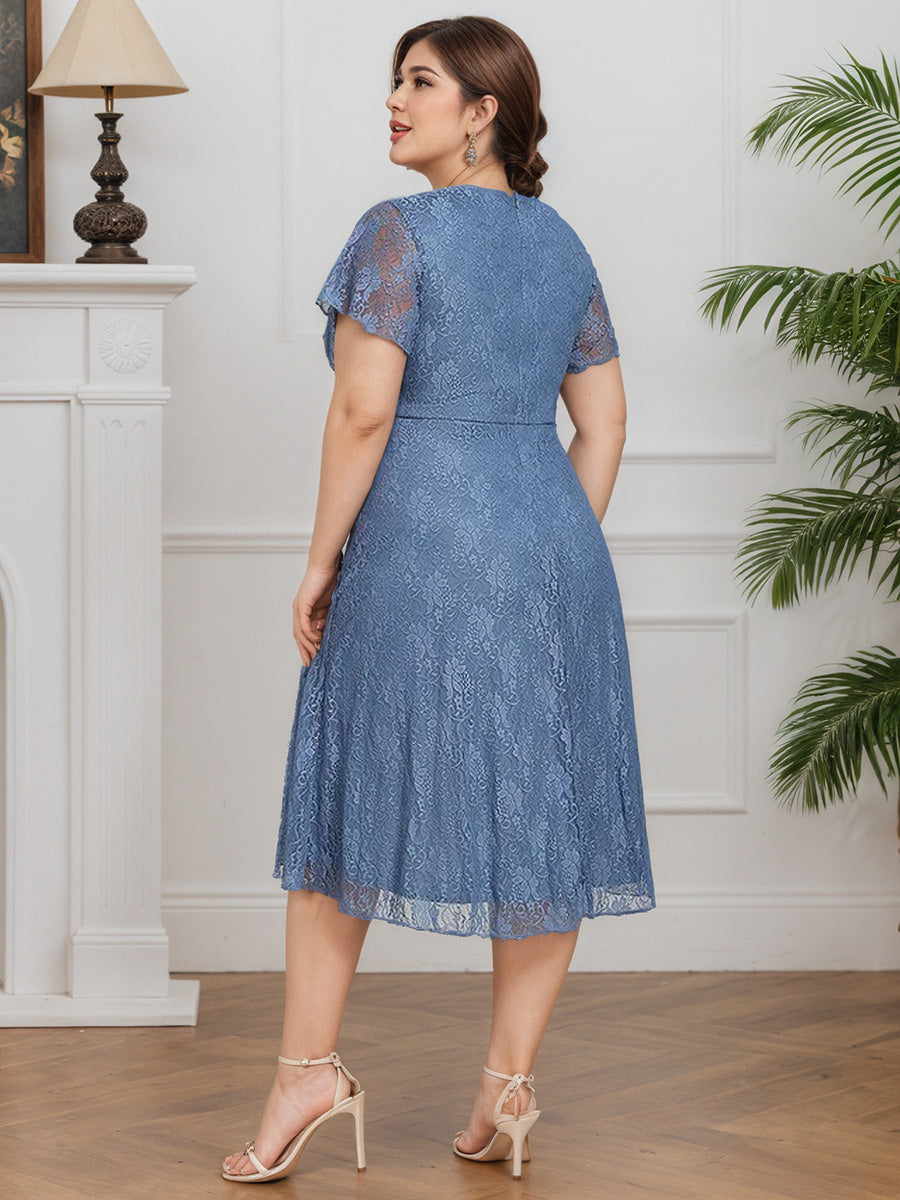 Cicinia Dusty Blue Mother Of The Bride Dresses Lace A-Line V-Neck Sleeves Tea Length Plus Size