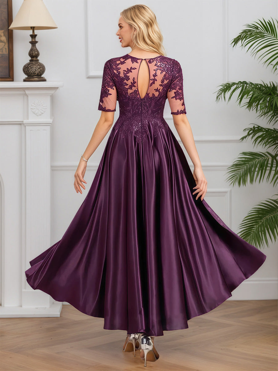 Cicinia Grape Mother Of The Bride Dresses Soft Satin Lace A-Line Tea Length