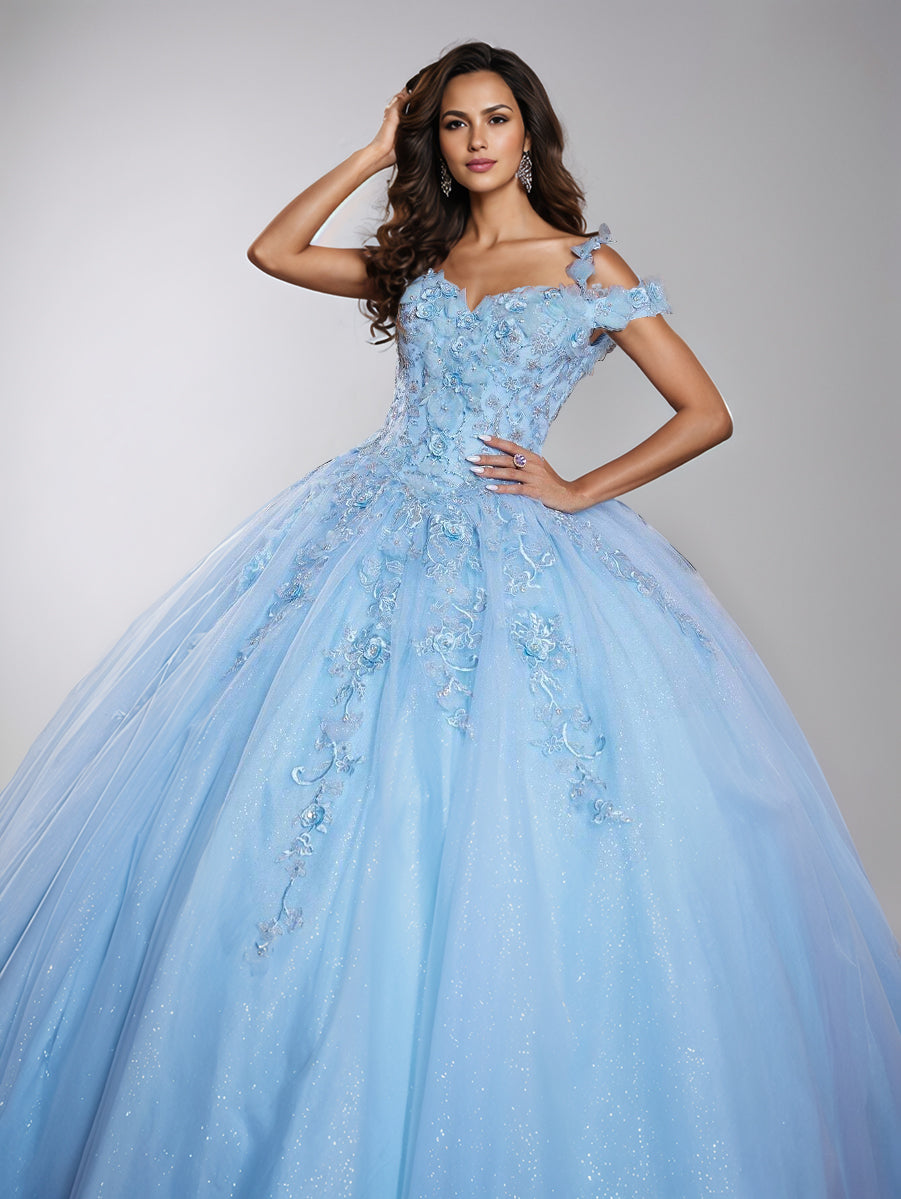 Ball Gown Straps Square Neck Lace Long Princess Quinceanera Dress