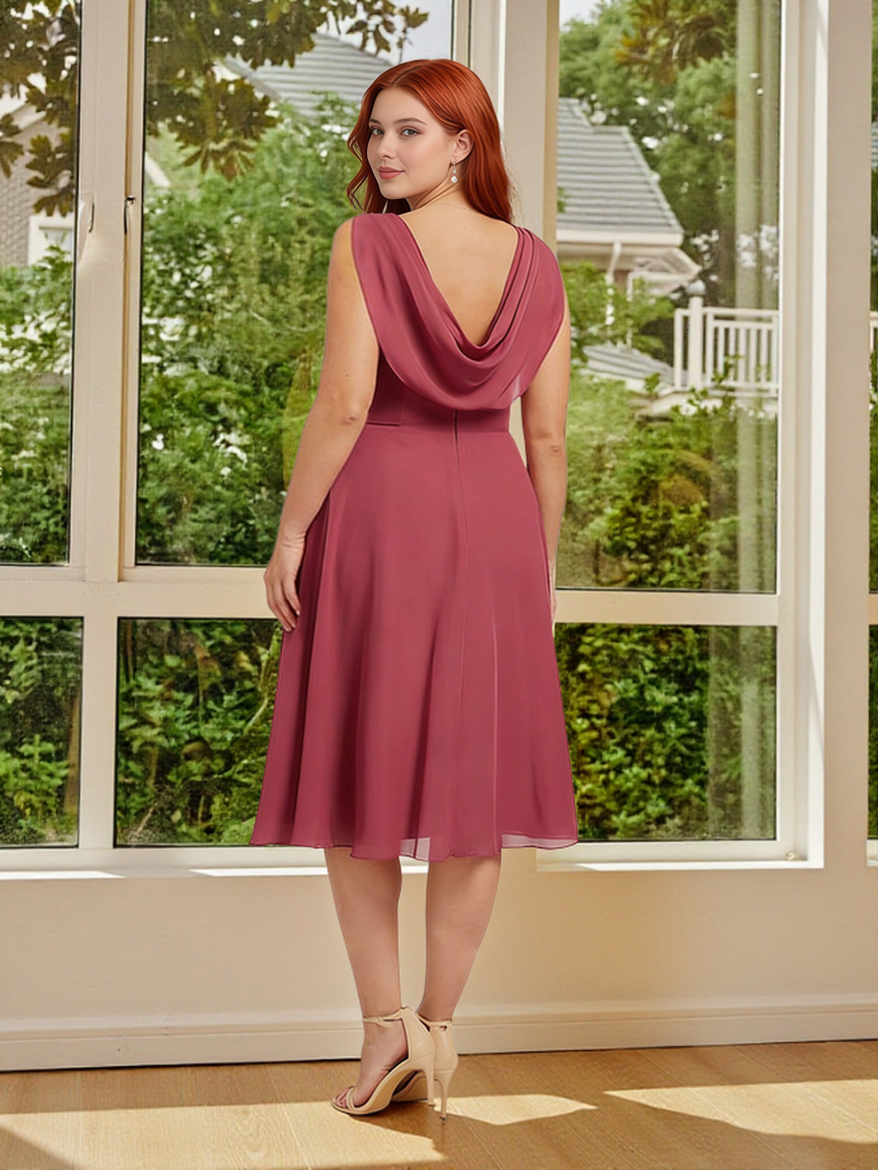 Cicinia Cinnamon Rose Bridesmaid Dresses Chiffon Halter Sleeveless Knee Length A-Line Plus Size