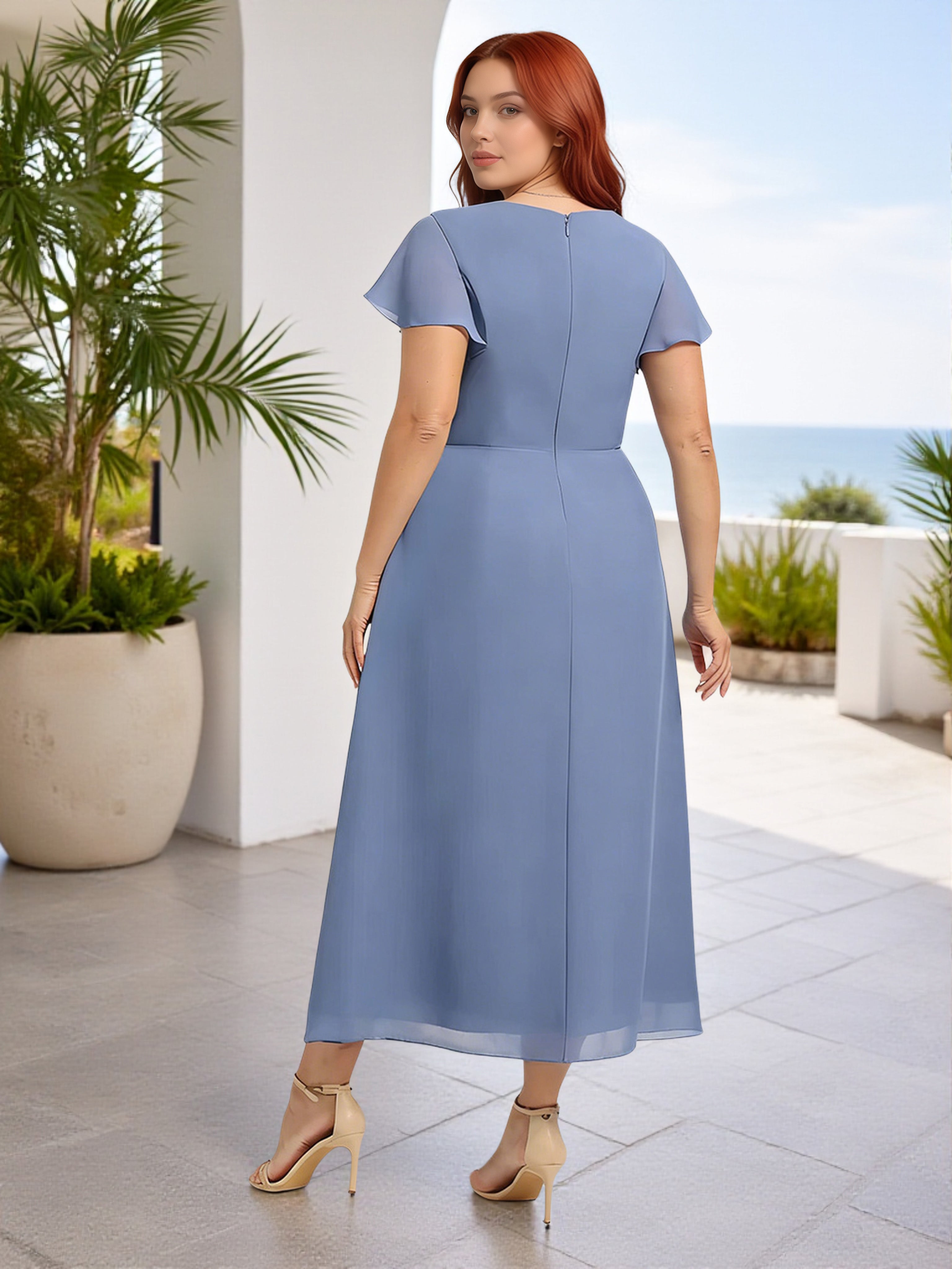 Cicinia Slate Blue Bridesmaid Dresses Chiffon V-Neck Ankle Length Pleats Sleeves A-Line Plus Size