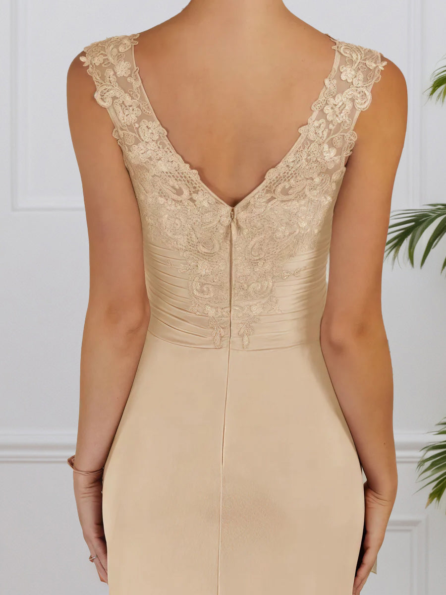 Cicinia Champagne Mother Of The Bride Dresses Chiffon Lace Straps Sheath Sleeveless Floor Length