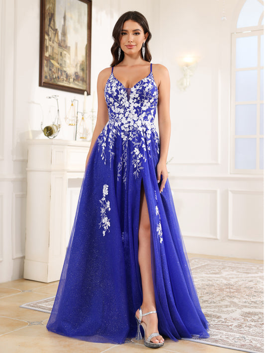 Spaghetti Straps V-Back Lace Floor Length Prom Dress With Split