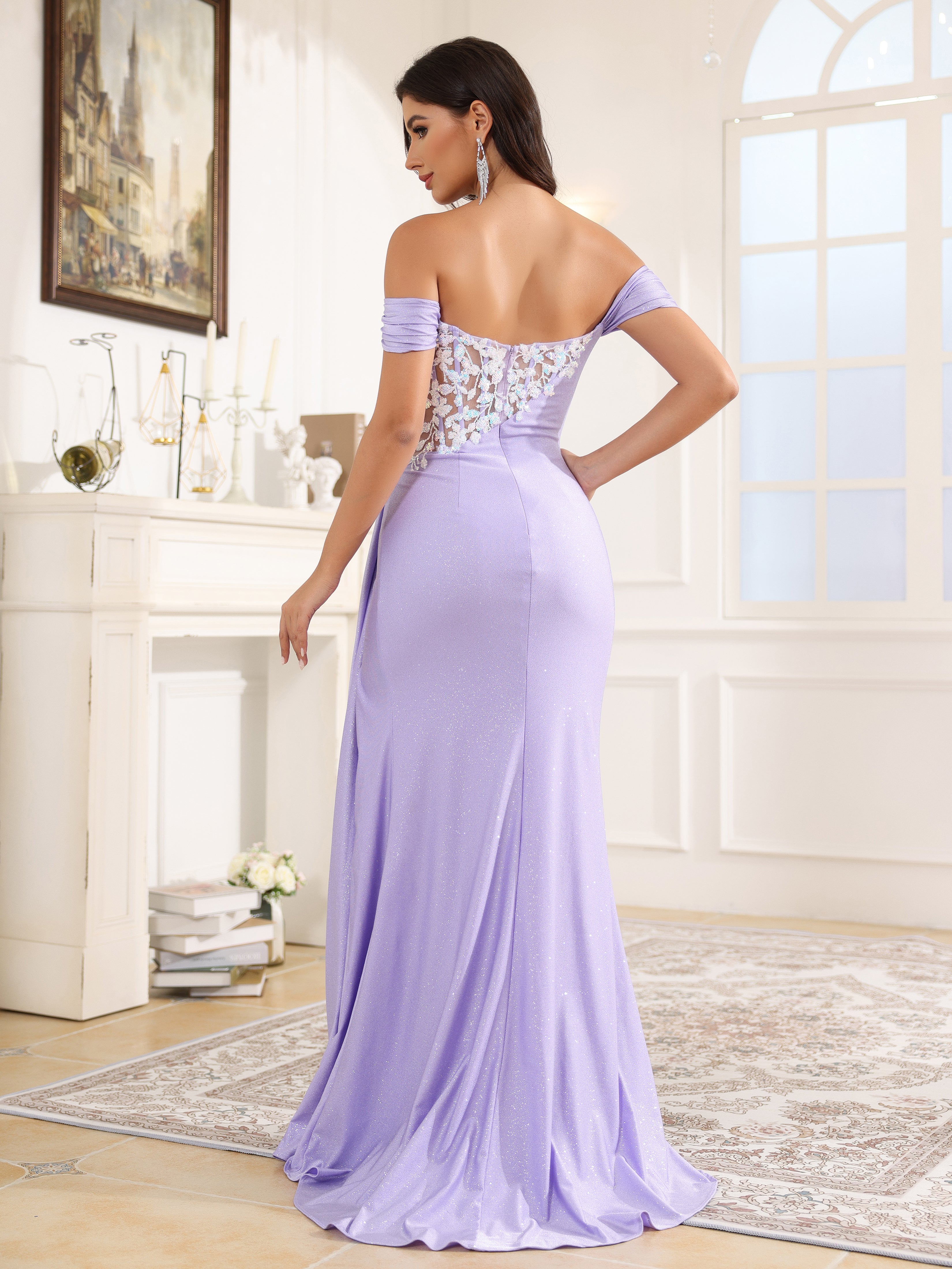 “Dusty Blue” formal dress, off-the-shoulder with hot slit