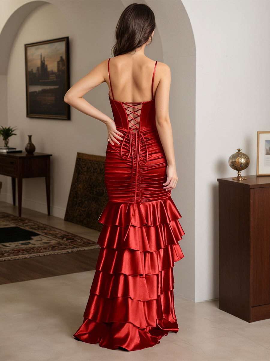 Cicinia Red Prom Dresses Stretch Satin Trumpet/Mermaid Layers Spaghetti Straps Gowns