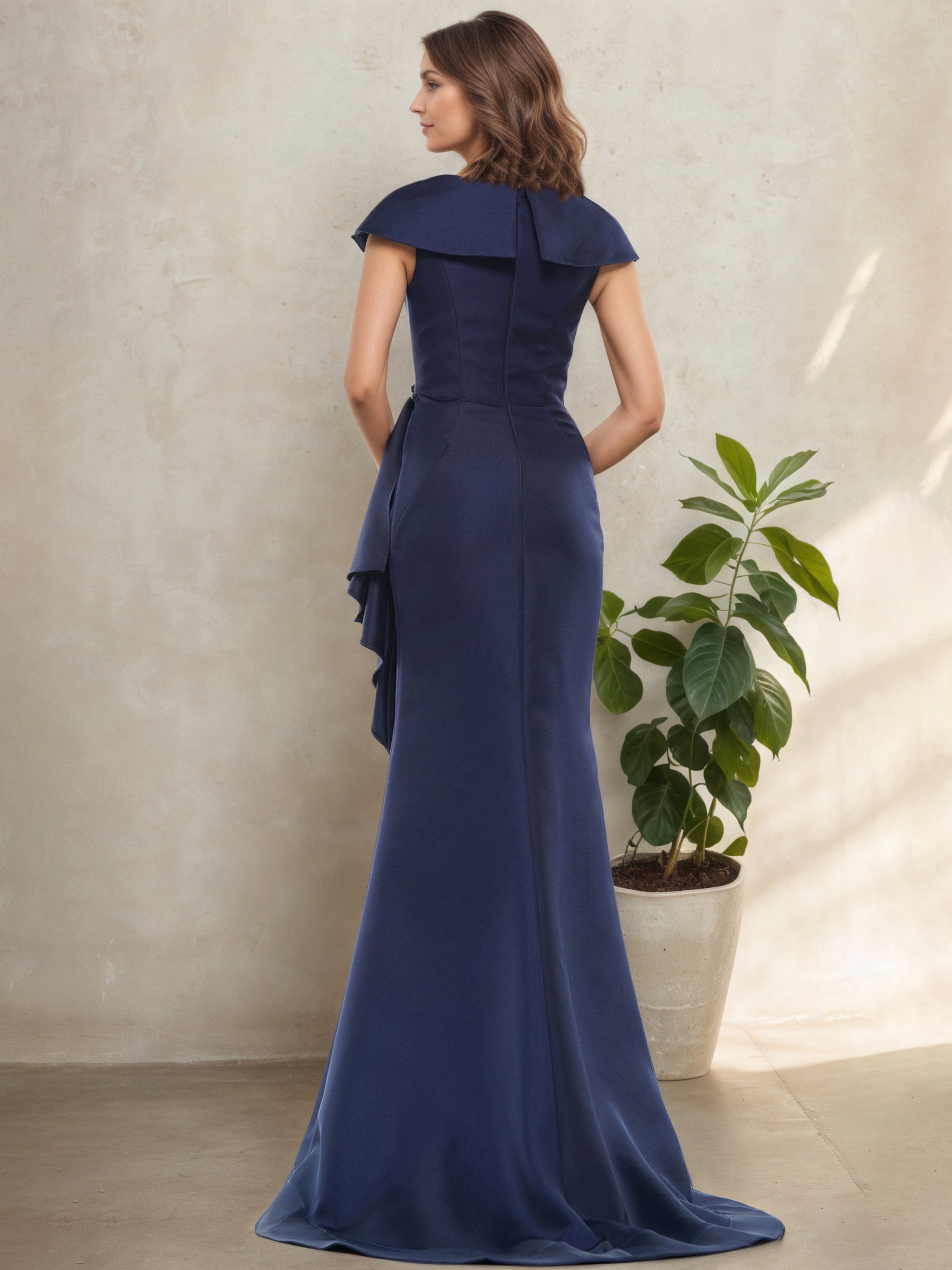 V-Neck Cap Sleeves Ruffle Side Navy Blue Mother Of The Bride Dress