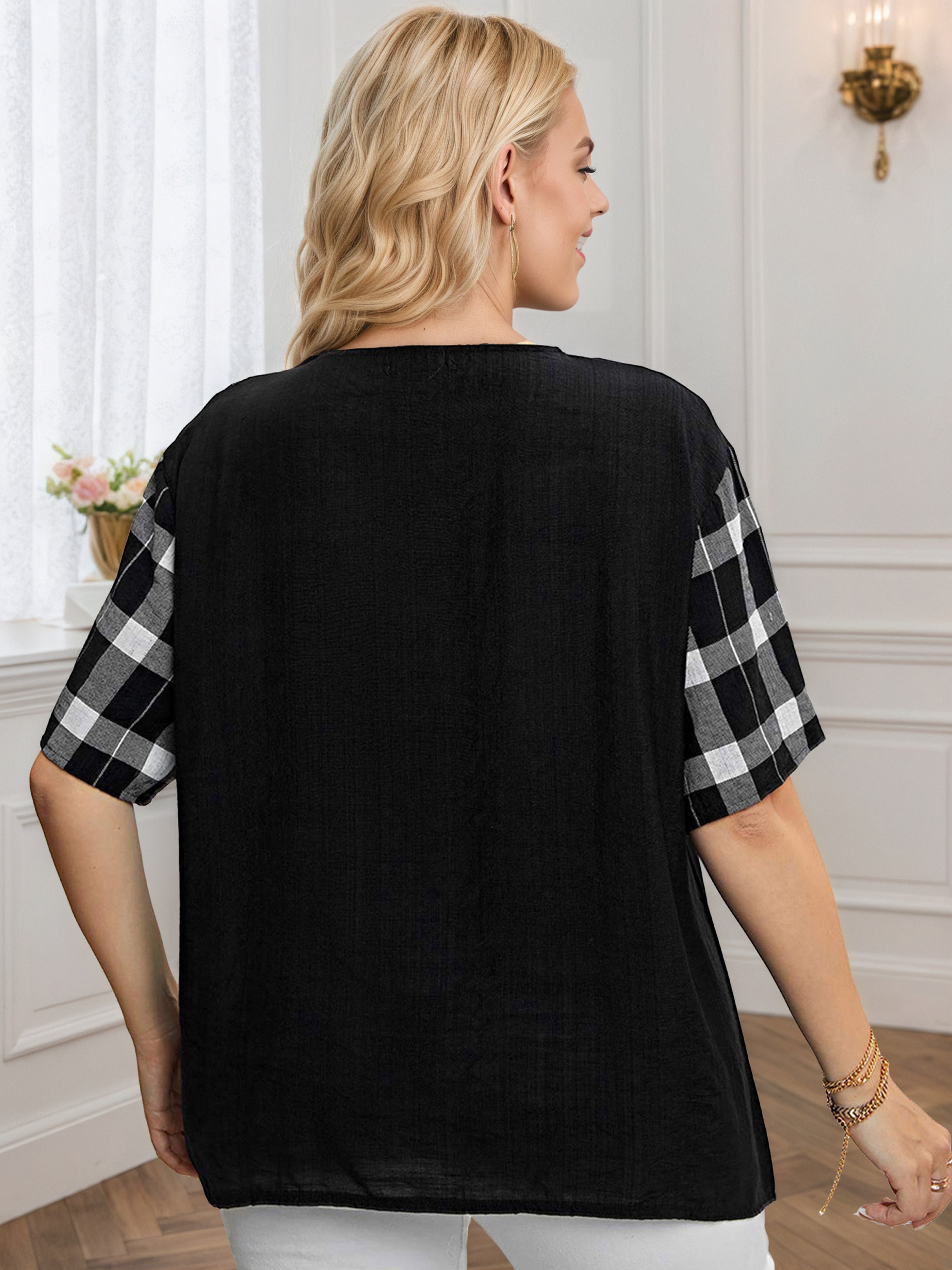 Plus Plaid Patchwork Button Black Blouse
