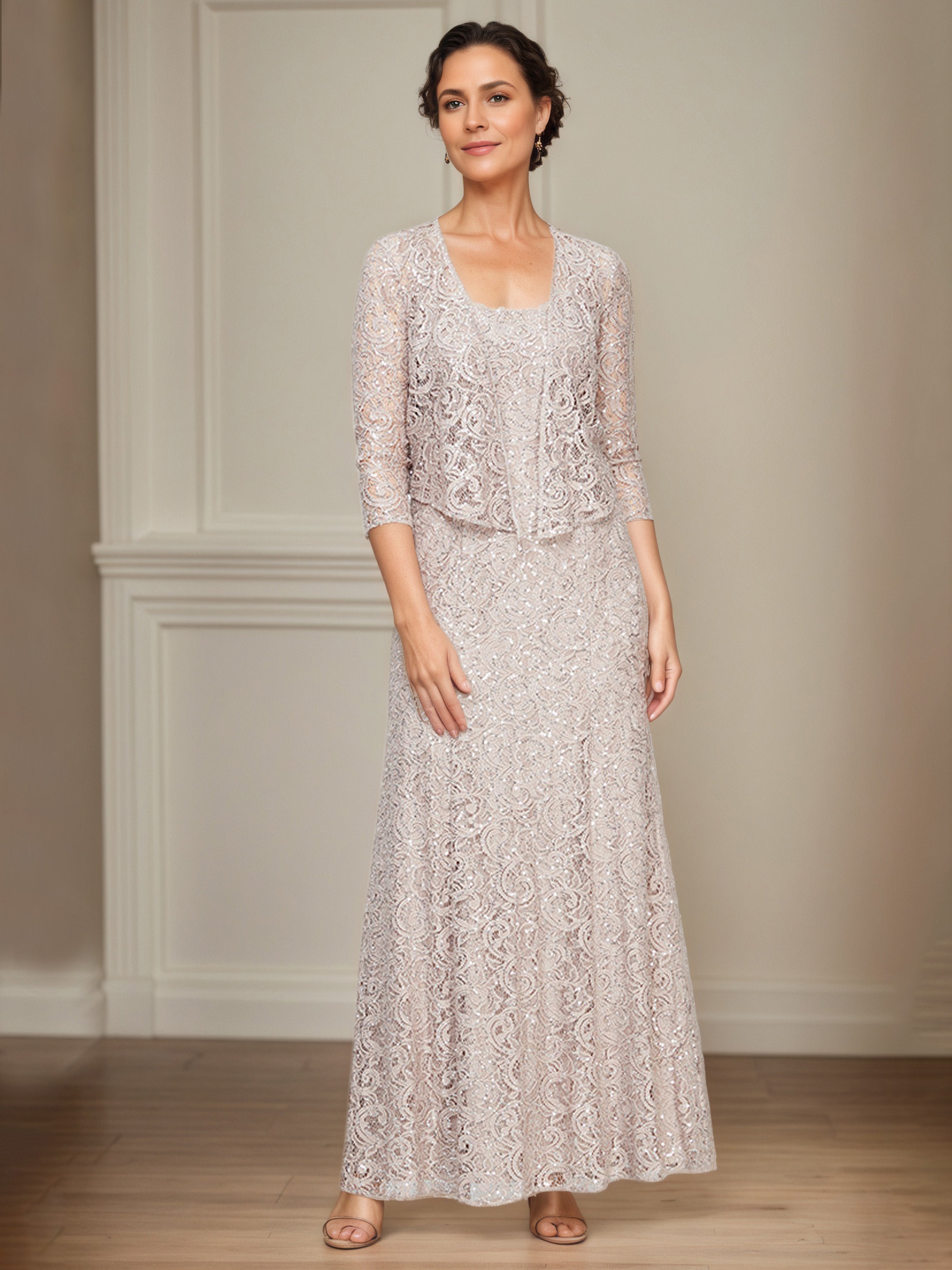 Champagne Sequin Lace Long A-Line Mother Of The Bride Dress with 3/4 S