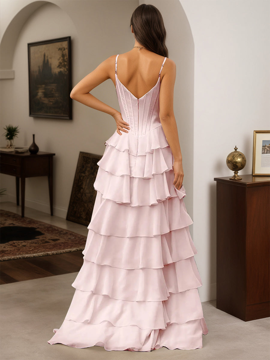 Cicinia Pink Prom Dresses Spaghetti Straps A-Line Layers Floor Length with Split