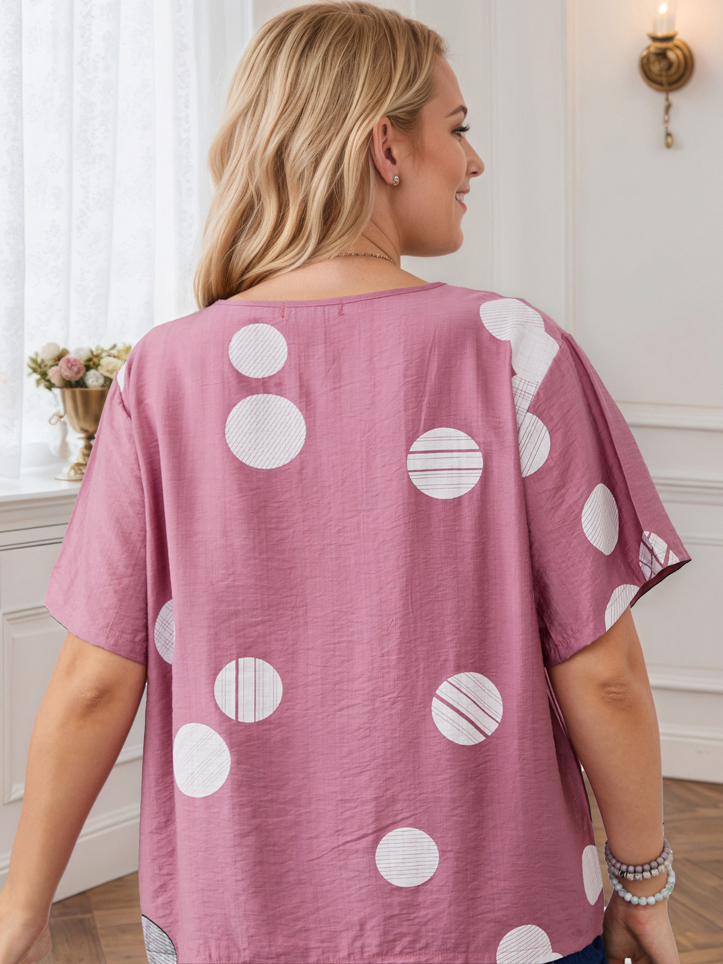 Plus Plain Patchwork Circle Print Cameo Brown Blouse
