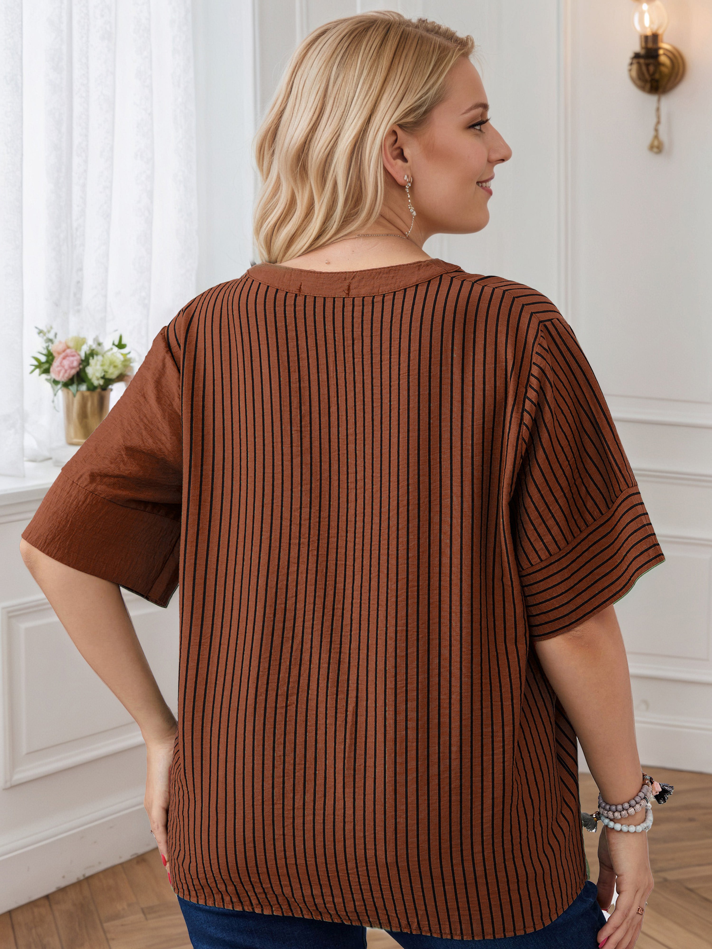 Striped Print Front Bottom Chocolate Blouse