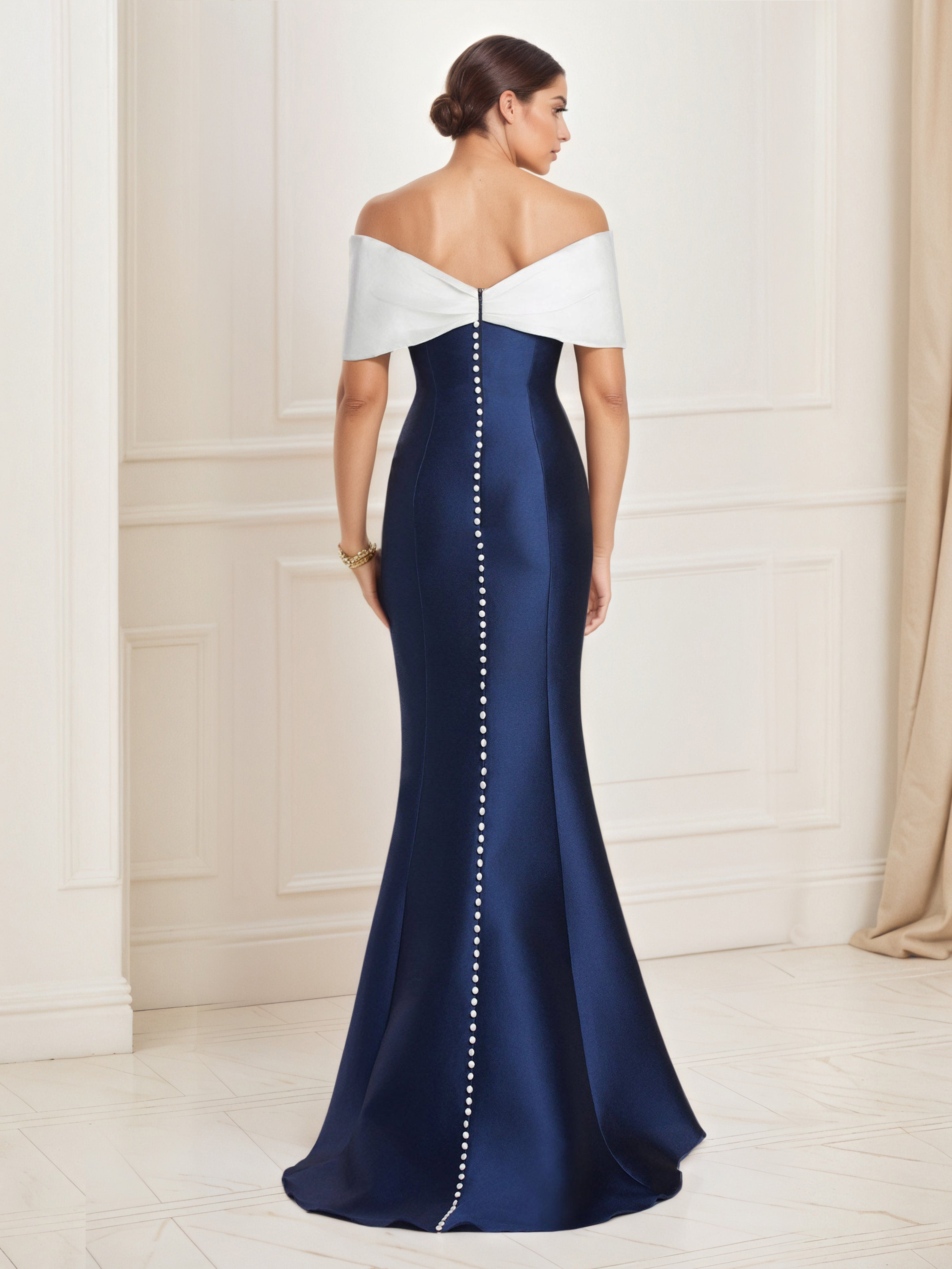 Illusion Bownot Bodice Off The Shoulder Strapless Sheath Long Navy Blue and White Prom Dress