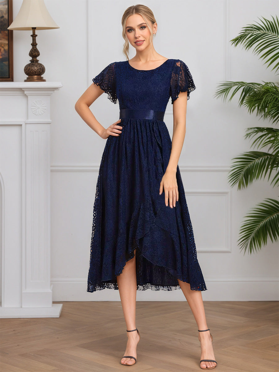 Cicinia Navy Blue Mother Of The Bride Dresses Lace A-Line Short Sleeves Tea Length