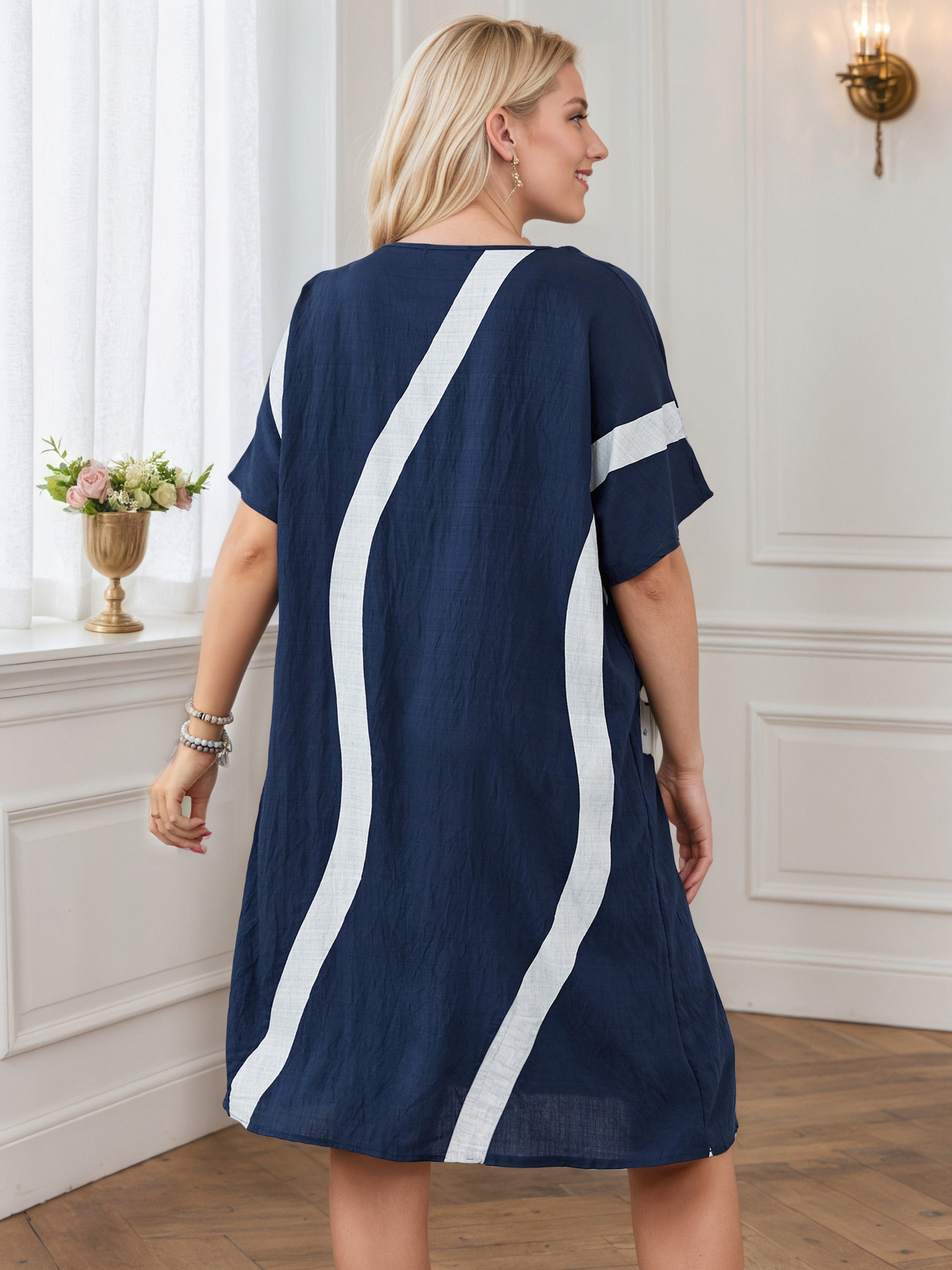 Crew Neck Loose Knee Length Dark Navy Contrast Plus Size Dress